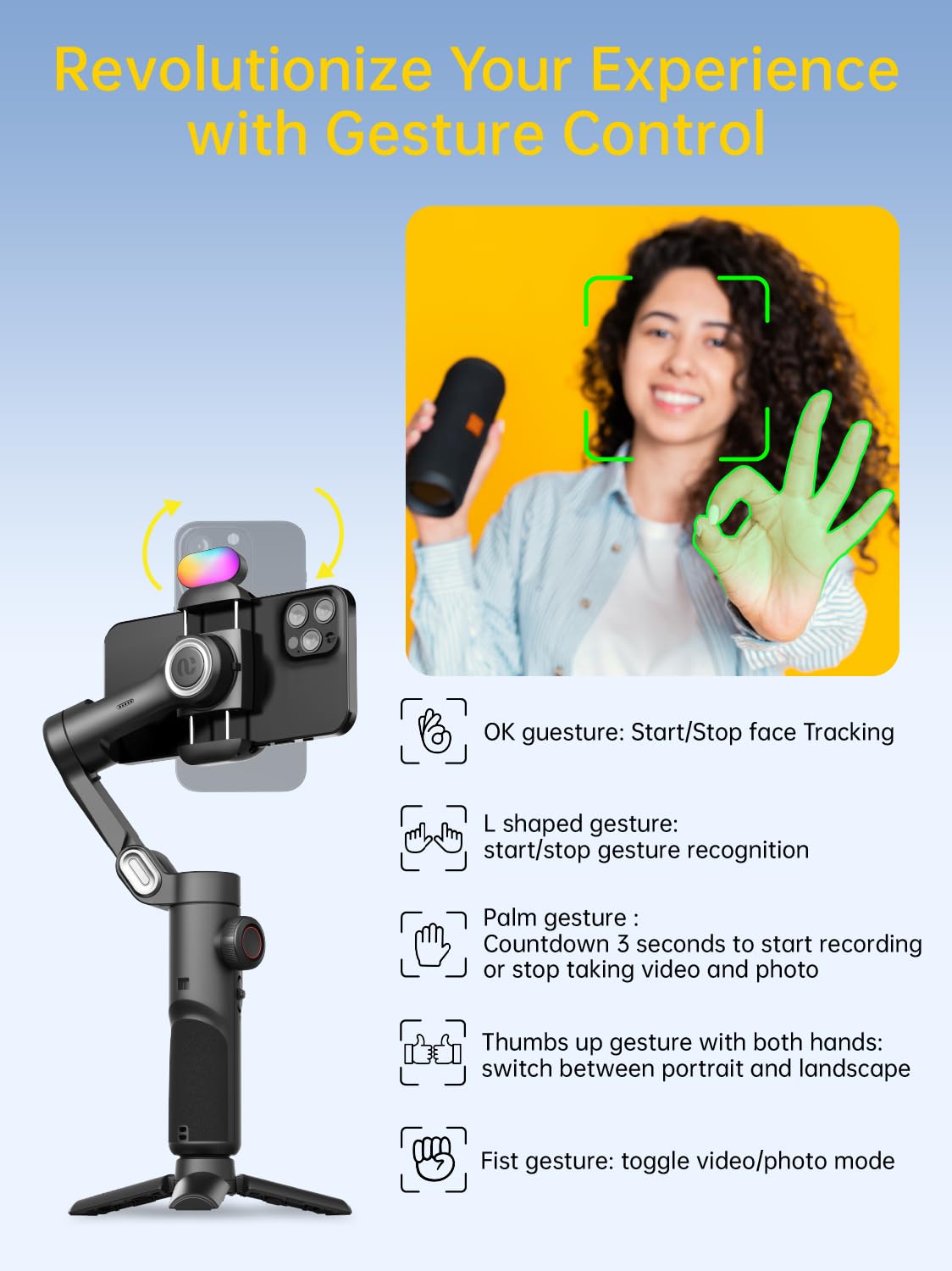 Aochuan 3-Axis Gimbal Stabilizer For Smartphone, Gimbal W/Rgb Magnetic Fill Light Upgraded Face Tracking Focus Wheel Foldable Ip