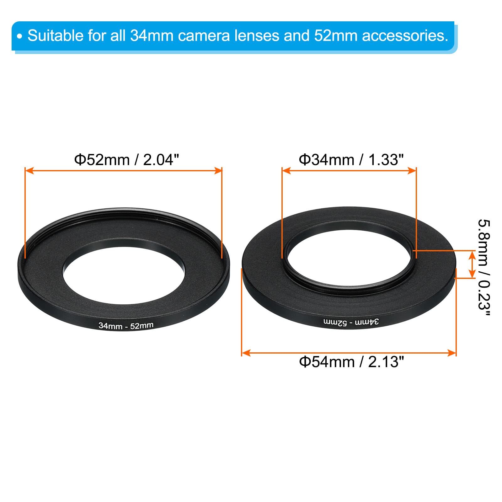 Patikil 34Mm 52Mm Metal Step Up Ring, Camera Lens Filter Adapter Ring Aluminum Filter Adapter Ring For Camera Lenses Hood, Black