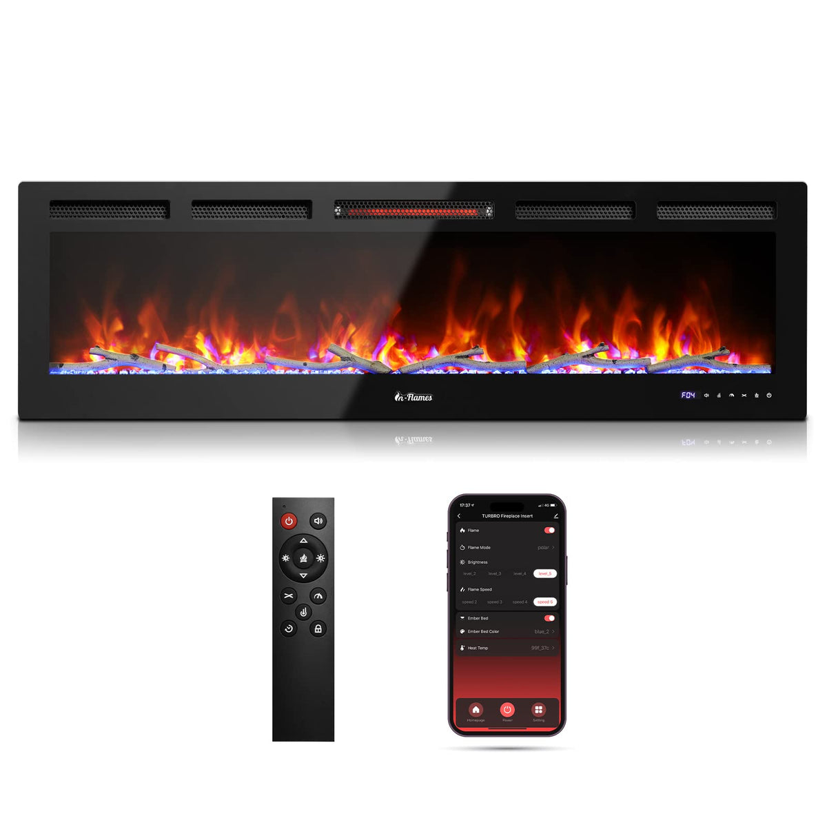 Turbro 60    Smart Wifi Infrared Electric Fireplace With Sound Crackling And Realistic Flame, 1500W Quartz Heater, Recessed Or W