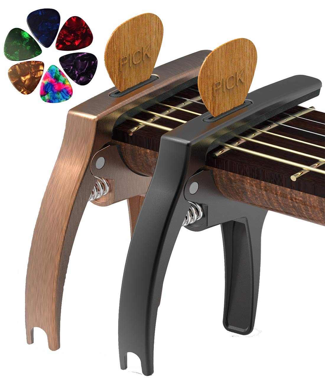 TANMUS 3in1 Guitar Capo for Acoustic and Electric Guitars,2 Pack(with Pick Holder and 6Picks),Ukulele,Strings Accessories