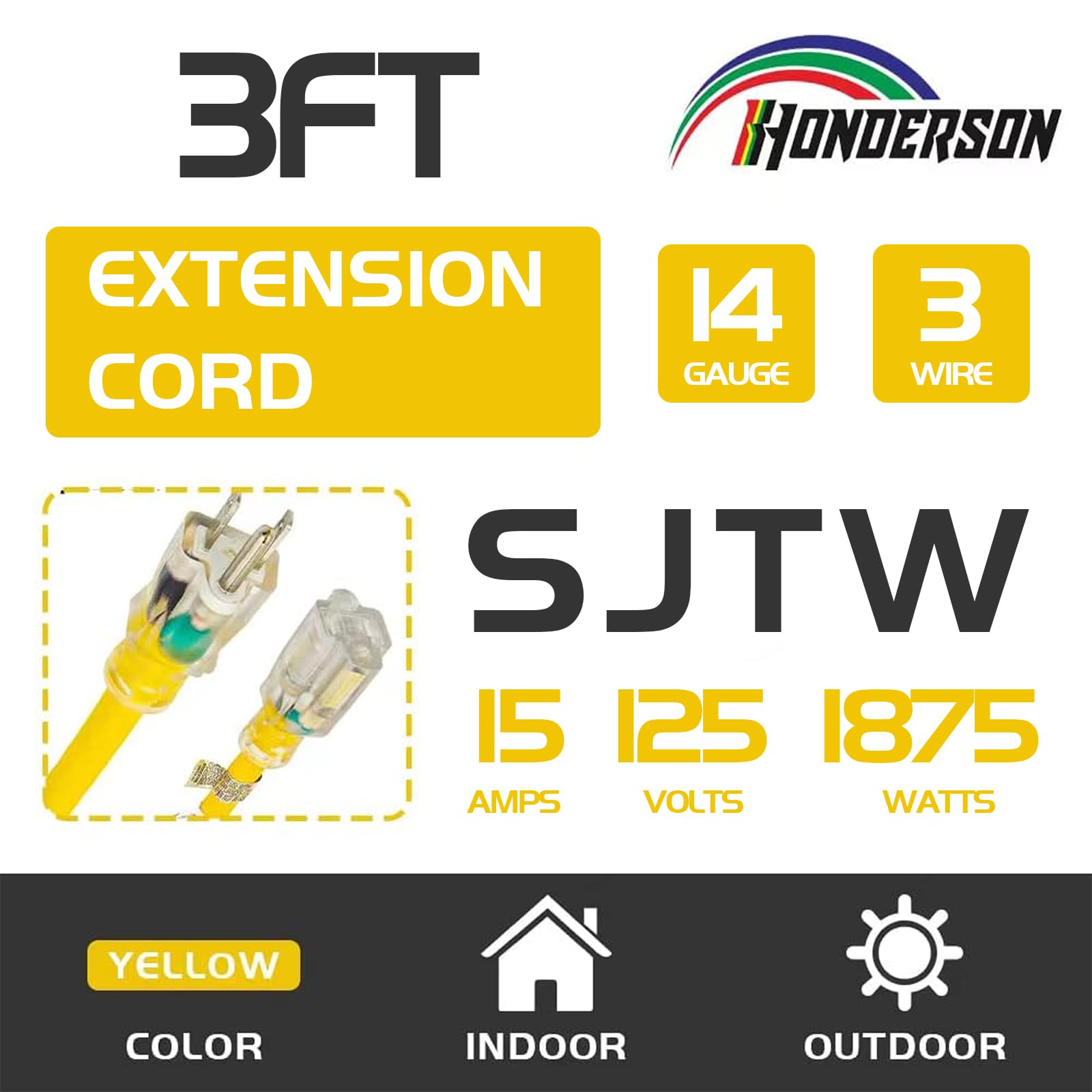 Honderson Indoor Outdoor Extension Cord Weatherproof With Lighted End, Ul Listed, 14 Gauge 3Ft Yellow 3 Prong Heavy Duty Extensi