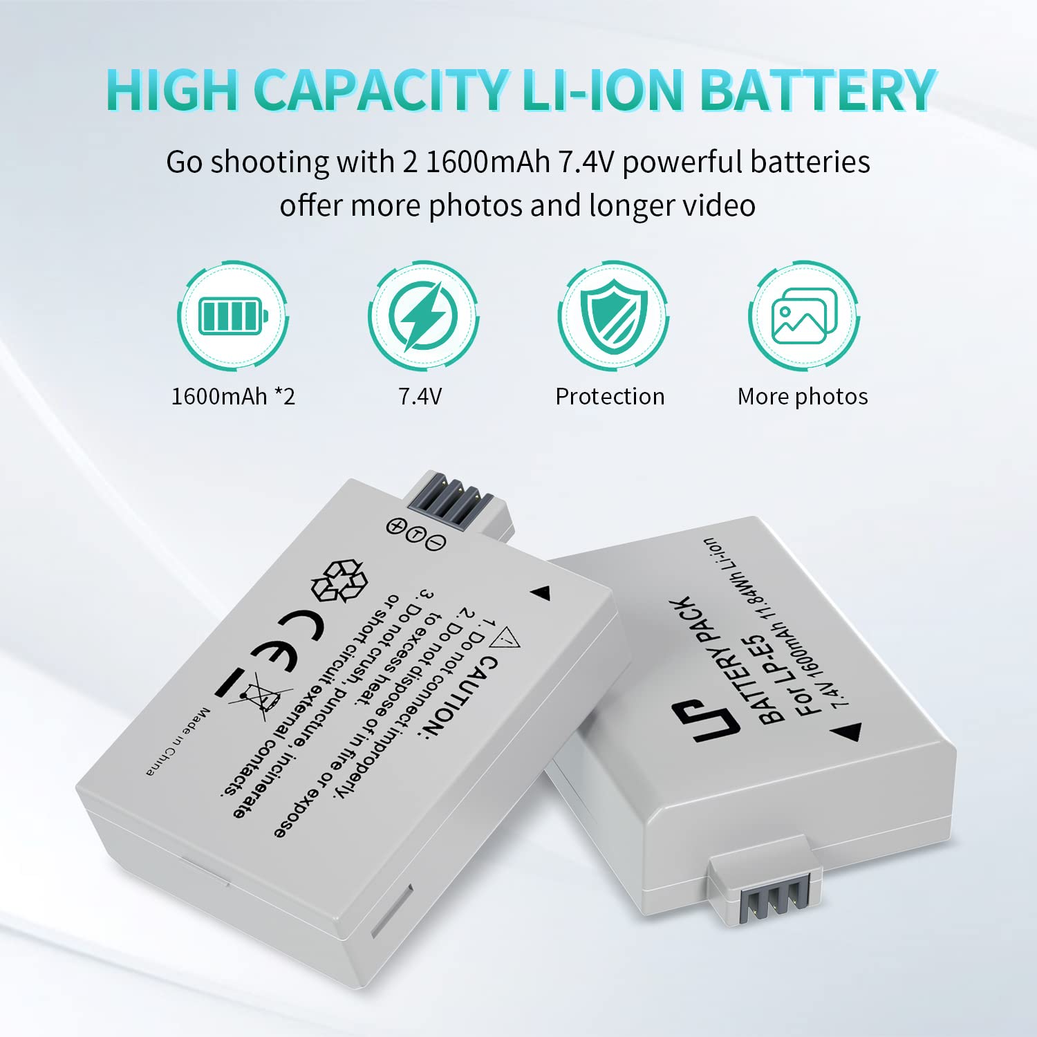 Lp E5 Battery Pack, 2 Pack 1600Mah Battery Compatible With Canon Eos Rebel Xs, Rebel T1I, Rebel Xsi, 1000D, 500D, 450D, Kiss X3,