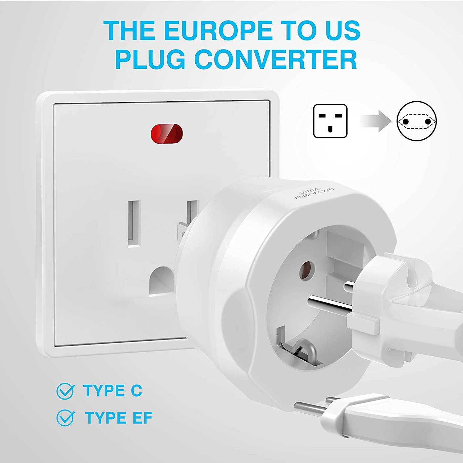 3 Pack Europe To Us Plug Adapter, Vintar European To Us Plug Adapter, Eu To Us Plug Adapter, Europe To Usa Travel Converter For