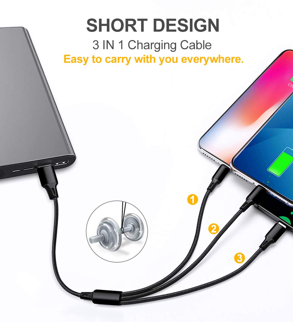 Puxnoin Multi Charging Cable, 2Pack Multi Charger Cable Short 1Ft Braided Universal 3 In 1 Multiple Usb Cable Charging Cord With