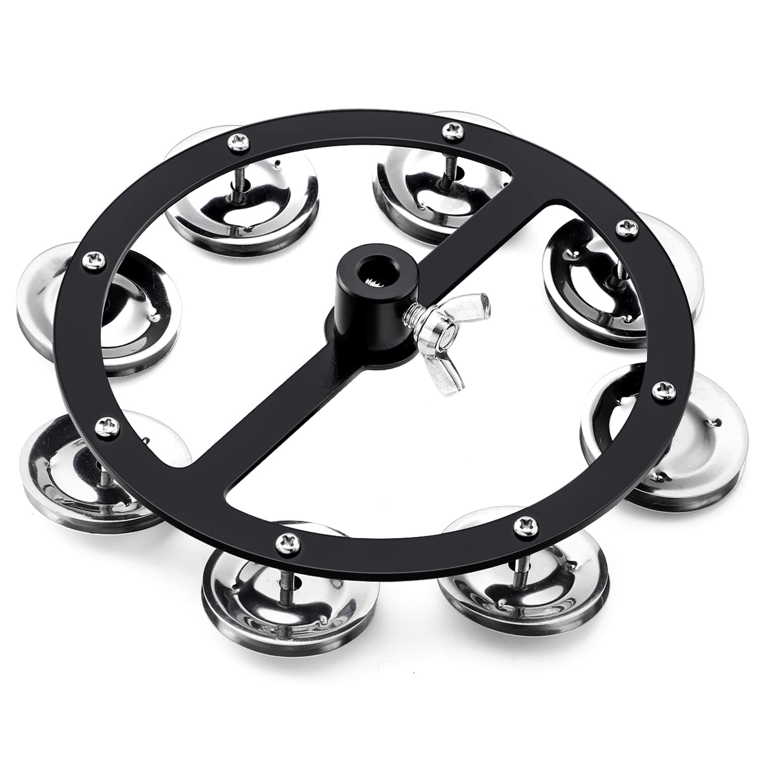 Facmogu 5.5 Inch Mountable Cymbal Hi Hat Tambourine With Single Row 8 Pair Stainless Steel Jingles 37Cm/1.5In, Drum Set Tambourine With Wing Nut Mount & Durable Alloy Construction For Hihats   Black