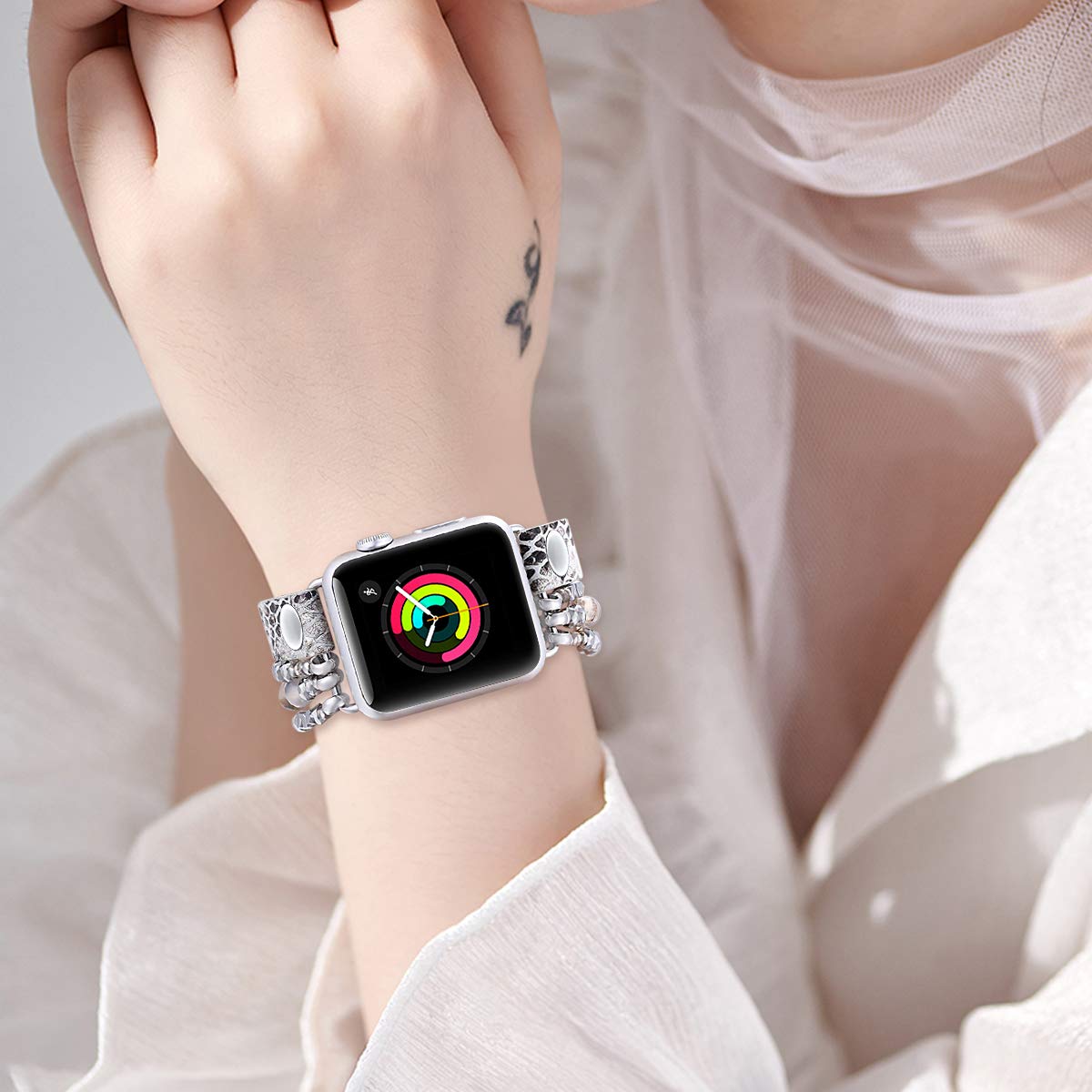 Fastgo Bracelet Band Leather Compatible With Apple Watch 42Mm 44Mm 45Mm 49Mm Series6 , Snakeskin Elastic Beaded Animal Print Str