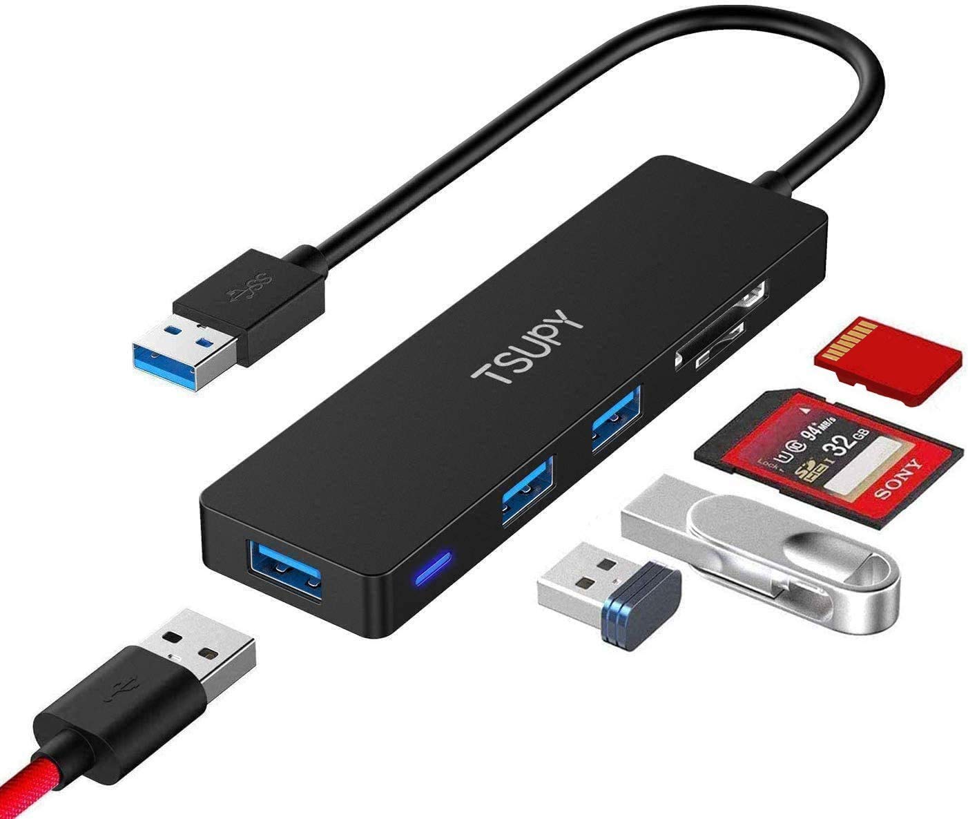 Usb Hub 3.0, Tsupy 5 In 1 Multiport Adapter Usb 3.0 Hub With Sd Micro Sd Card Reader, 3 Usb 3.0 Ports Compatible For Laptop, Macbook, Pc, Printer,Surface Pro, Usb Flash Drives
