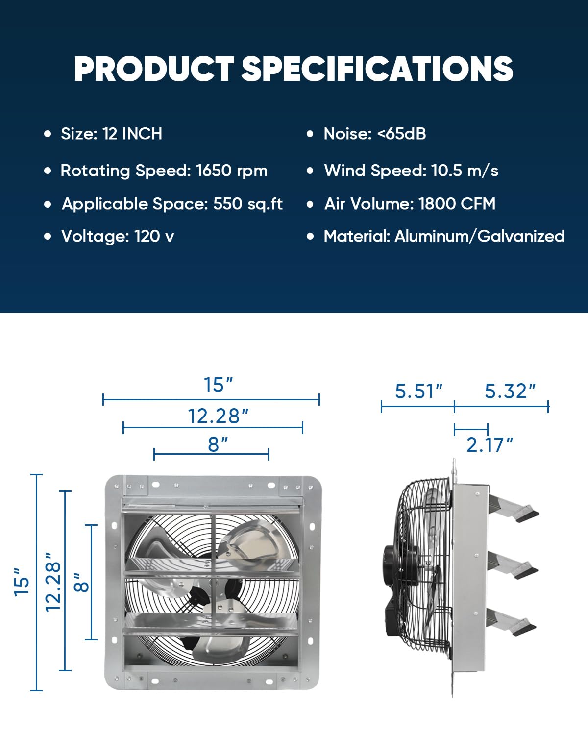 Jpower 12 Inch Shutter Exhaust Fan, Gable Vent Fan, Wall Mount Ventilation, Automatic Aluminum Blades, High Speed, 1800Cfm, For