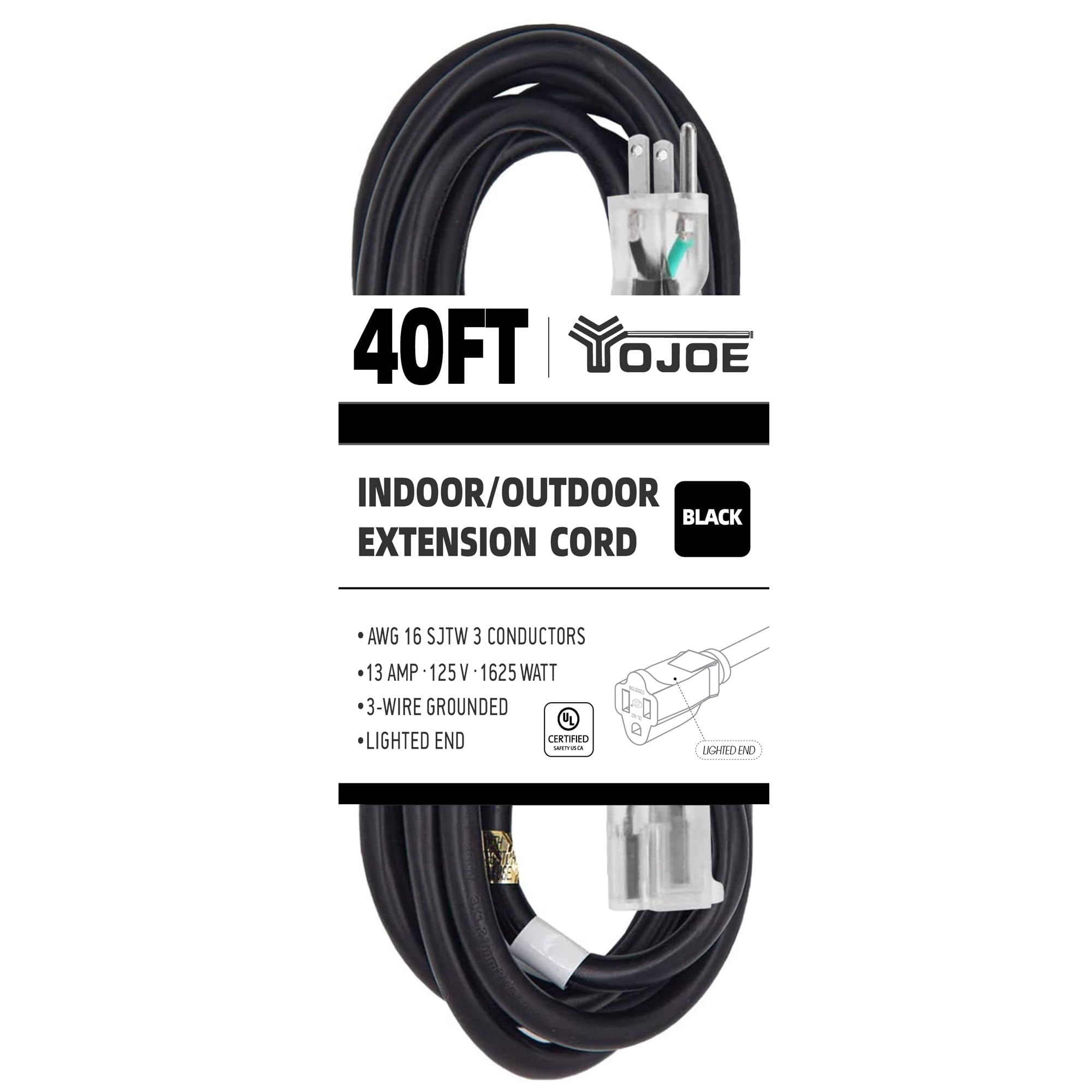 Yojoe Indoor Outdoor Extension Cord With Lighted End, 3 Prong 13A Weatherproof Power Extension Cord, 16 Gauge Heavy Duty 40 Ft B