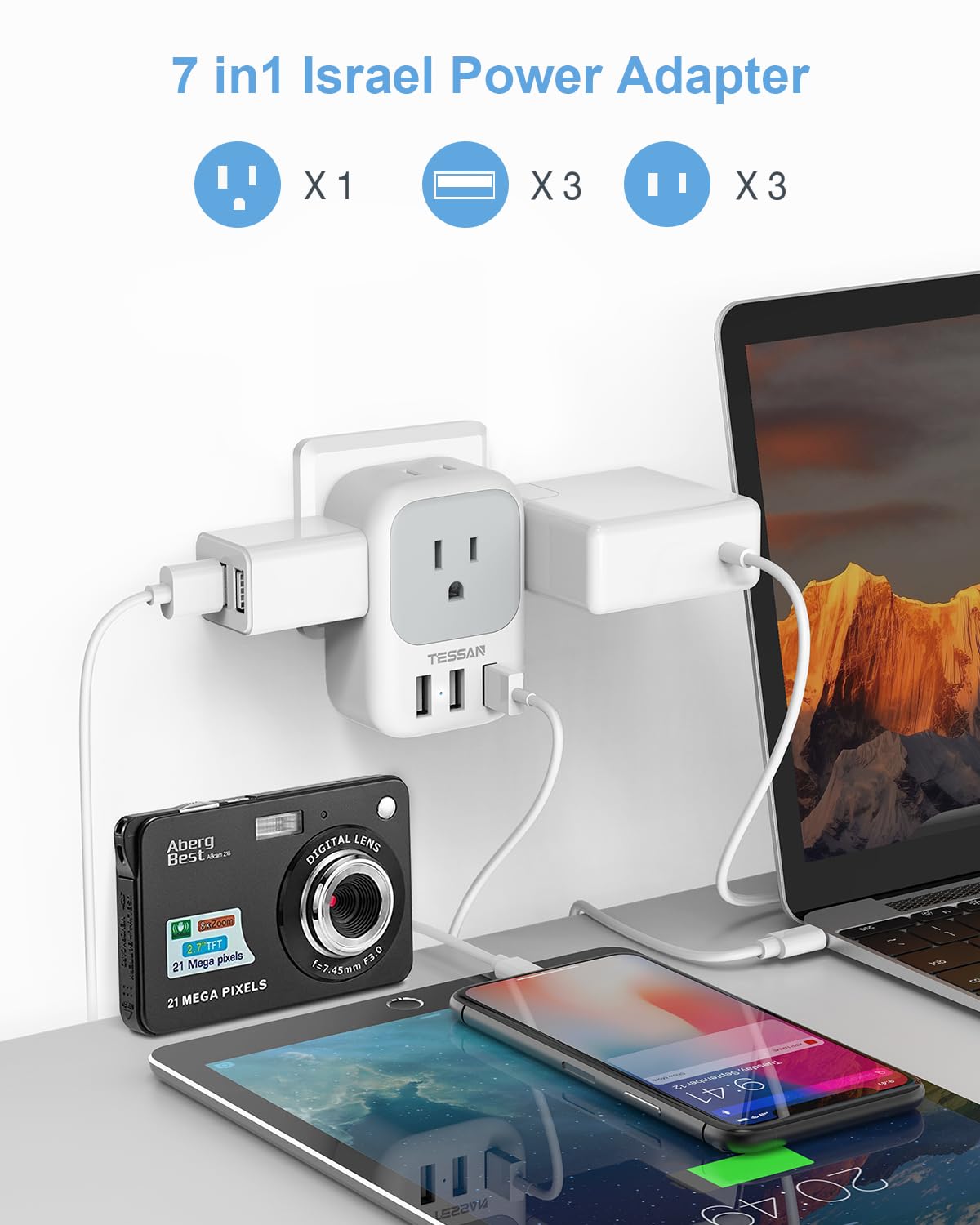 Tessan Israel Power Adapter, Us To Israel Travel Adaptor With 4 Outlets 3 Usb Charging Ports, Type H Plug For Israel