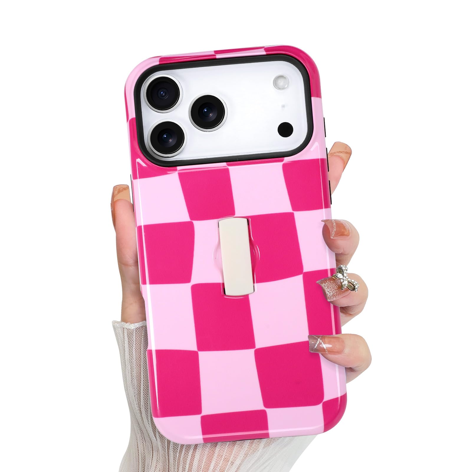KANGHAR Compatible with iPhone 17 Pro Case, Silicone Checkered Cute Pattern, Finger Hold Wristband Kickstand Camera Protection S