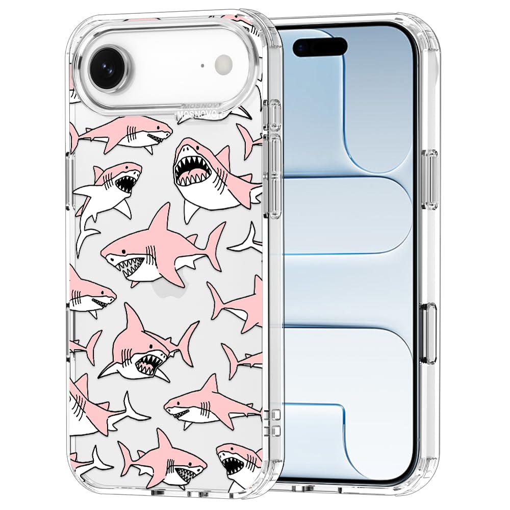 MOSNOVO for iPhone Air Case | Military Grade 6.6ft Drop Tested | Camera Control | Clear with Pink Sharks Design