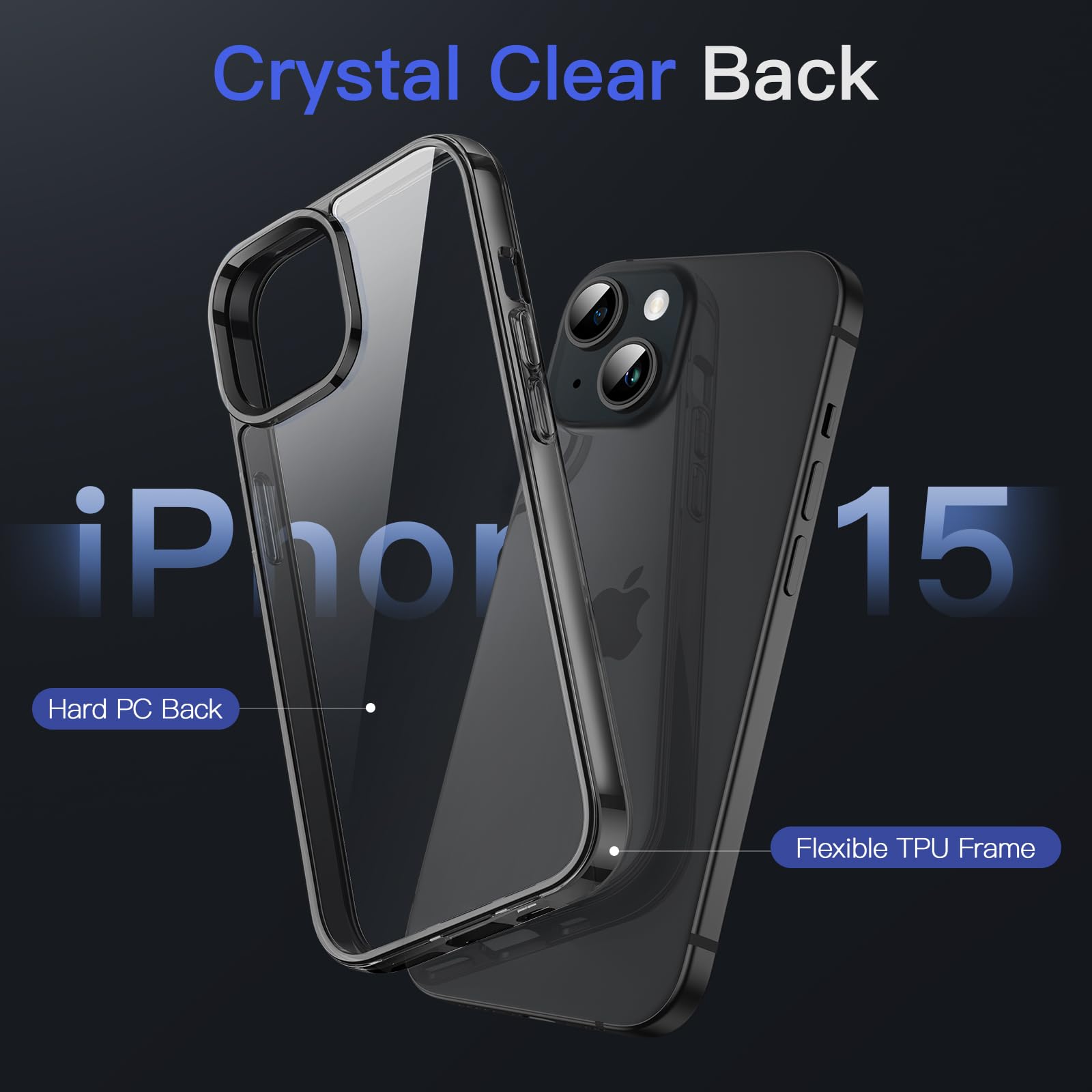 Jetech Case For Iphone 15 6.1 Inch, Non Yellowing Shockproof Phone Bumper Cover, Anti Scratch Clear Back (Black)