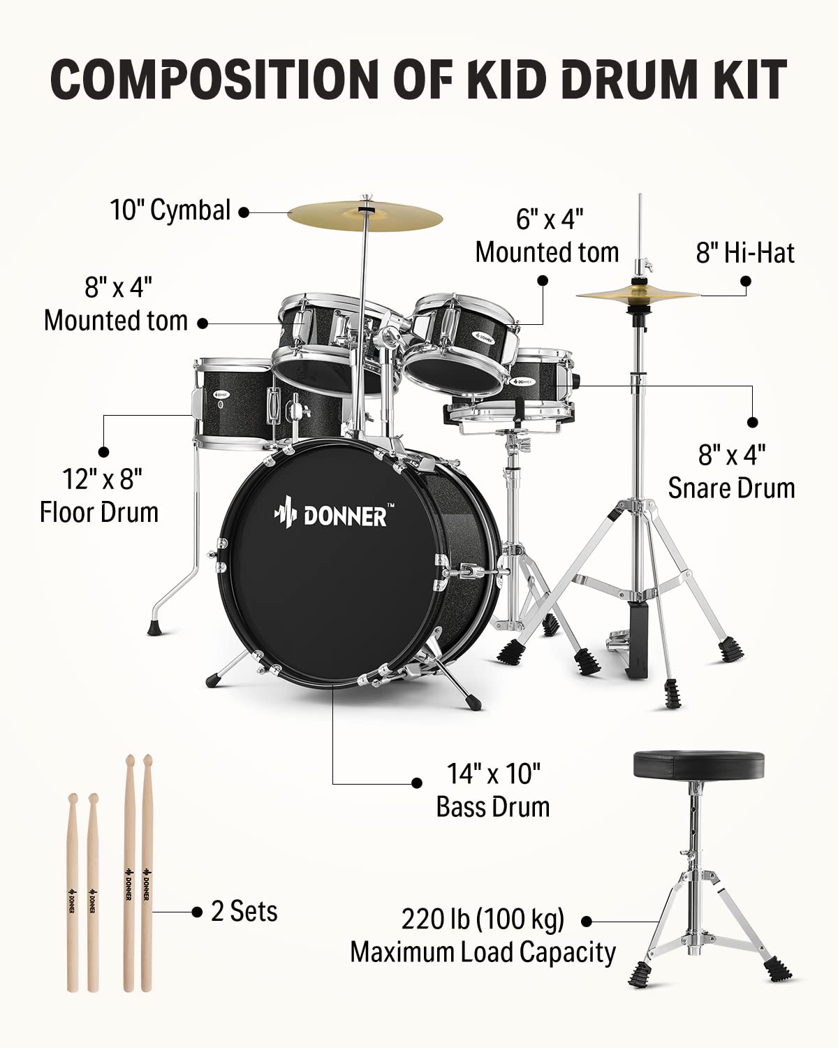 Kid Drum Sets Donner 5 Piece For Beginners, 14 Inch Full Size Complete Junior Drum Kit With Adjustable Throne, Cymbal, Hi Hat, P