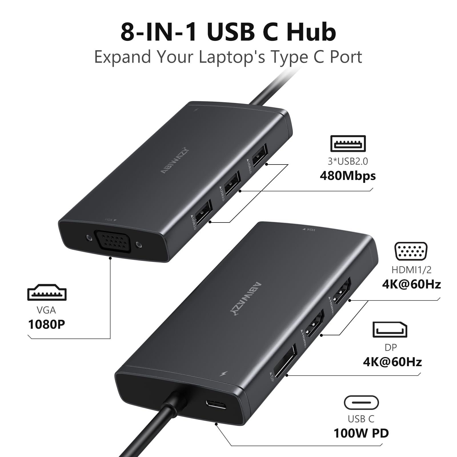 Abiwazy Usb C Docking Station Dual Monitor For Hp Dell Lenovo Thinkpad Surface, 8 In 1 Computer Multiple Monitor Hub Adapter To