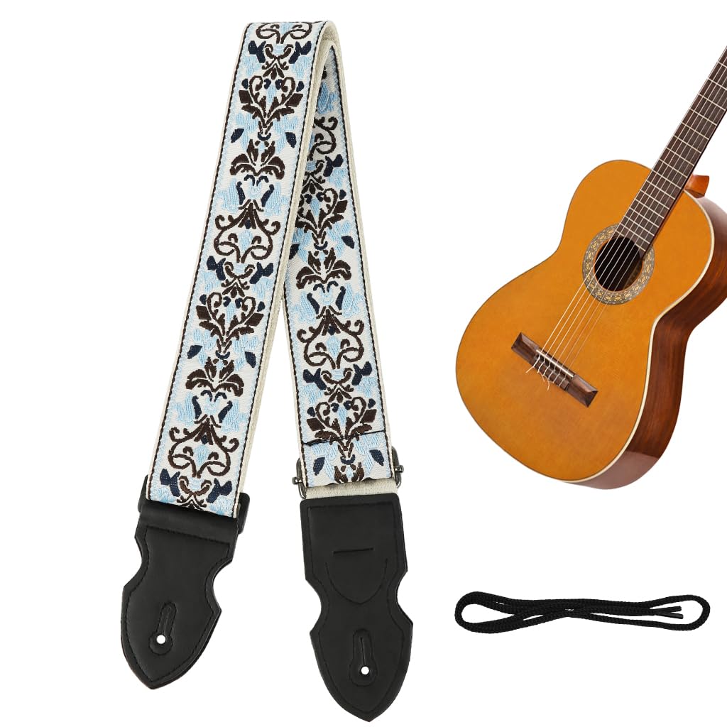HASTHIP Guitar Shoulder Strap Fashion Boho Embroidered Adjustable Strap with Guitar Pick Holder Slot, Wide Nylon Shoulder Strap 
