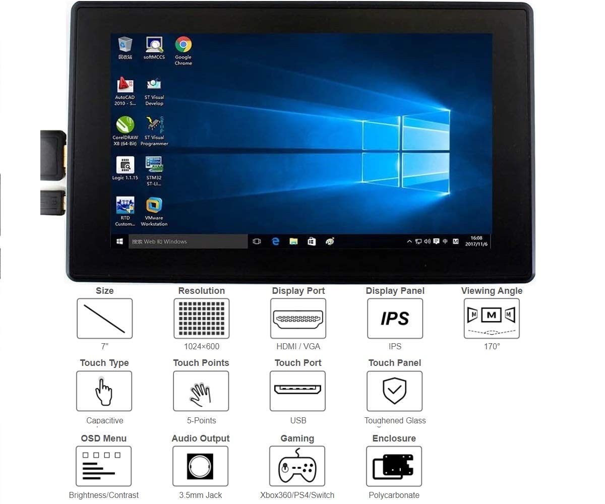 Waveshare 7Inch Hdmi Lcd (H) (With Case) 1024X600 For Raspberry Pi Ips Display Capacitive Touch Screen Monitor With Toughened Gl