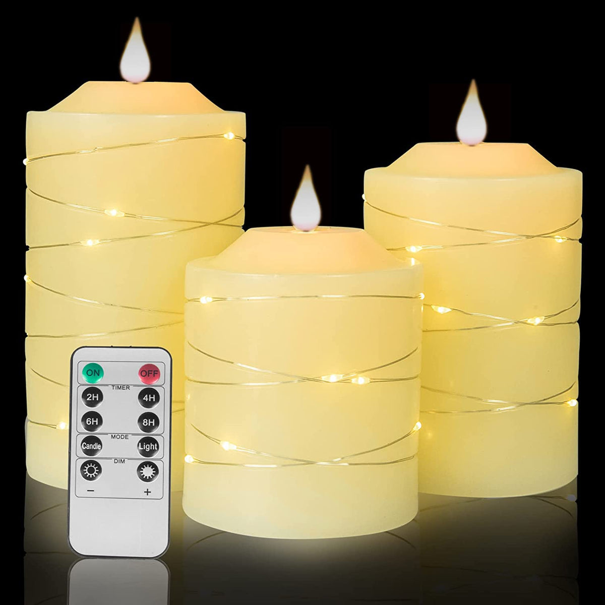 Flameless Battery Operated Led Candles: With Embedded String Lights, 3 Pack Flickering Electric Candles With 10-Key Remote Contr