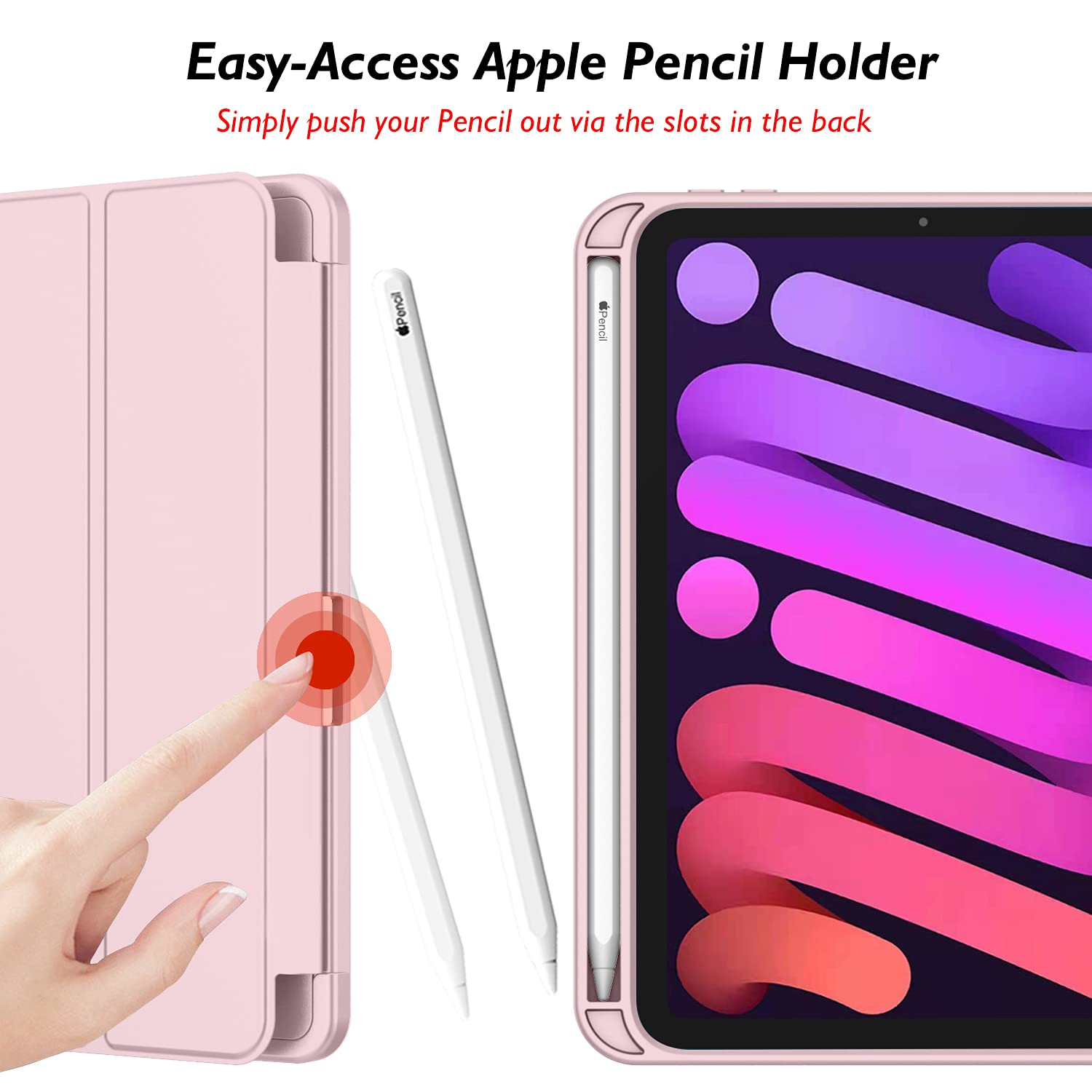 Imieet Ipad Mini 7 Case 2024 (A17 Pro), Ipad Mini 6 Case (8.3 Inch,2021 Model), Ipad Mini 7Th/6Th Generation Case With Pencil Holder, Trifold Stand Smart Case With Soft Tpu Back,Pink