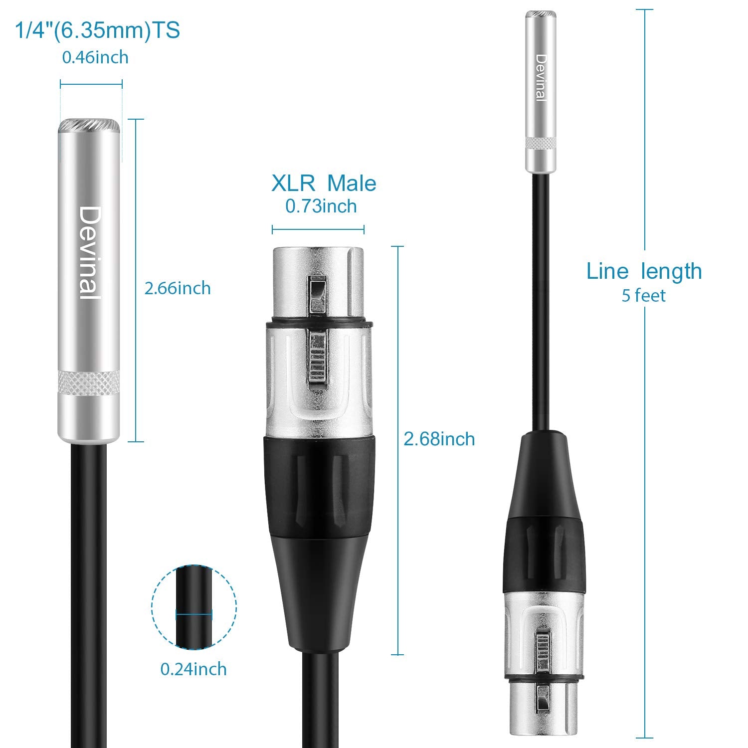 Devinal Xlr Female To 1/4' Female Calbe, 3 Pin Female To 6.35Mm Socket Audio Cord, Xlr Jack To Ts/Trs Quarter Inch Adapter Connector Converter Metal Construction 5Ft 1.5 Meters