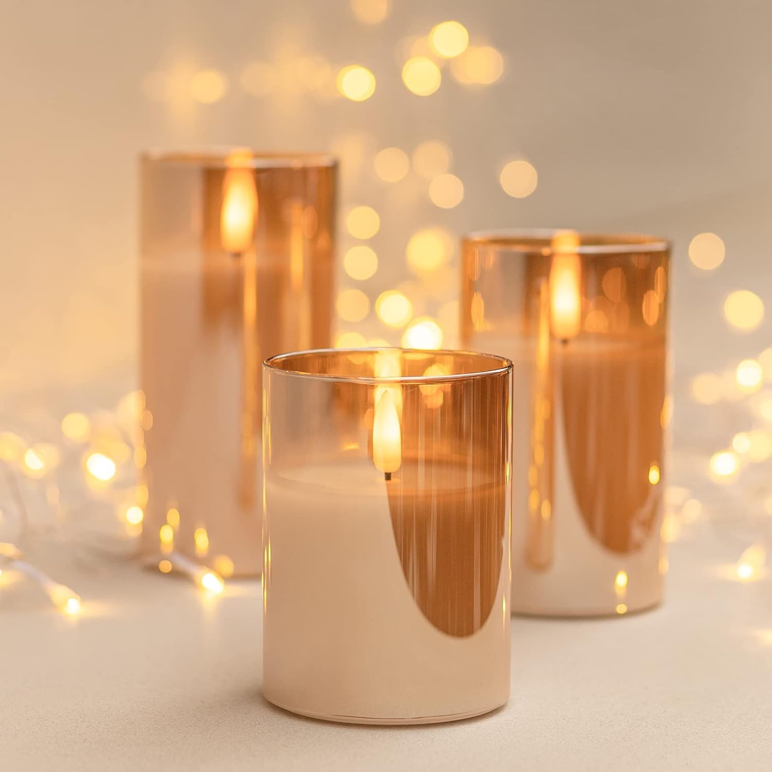 Covege Gold Glass Flickering Flameless Candles With Remote   Battery Operated Candles With 2/4/6/8 H Timer Led Pillar Candles Fo