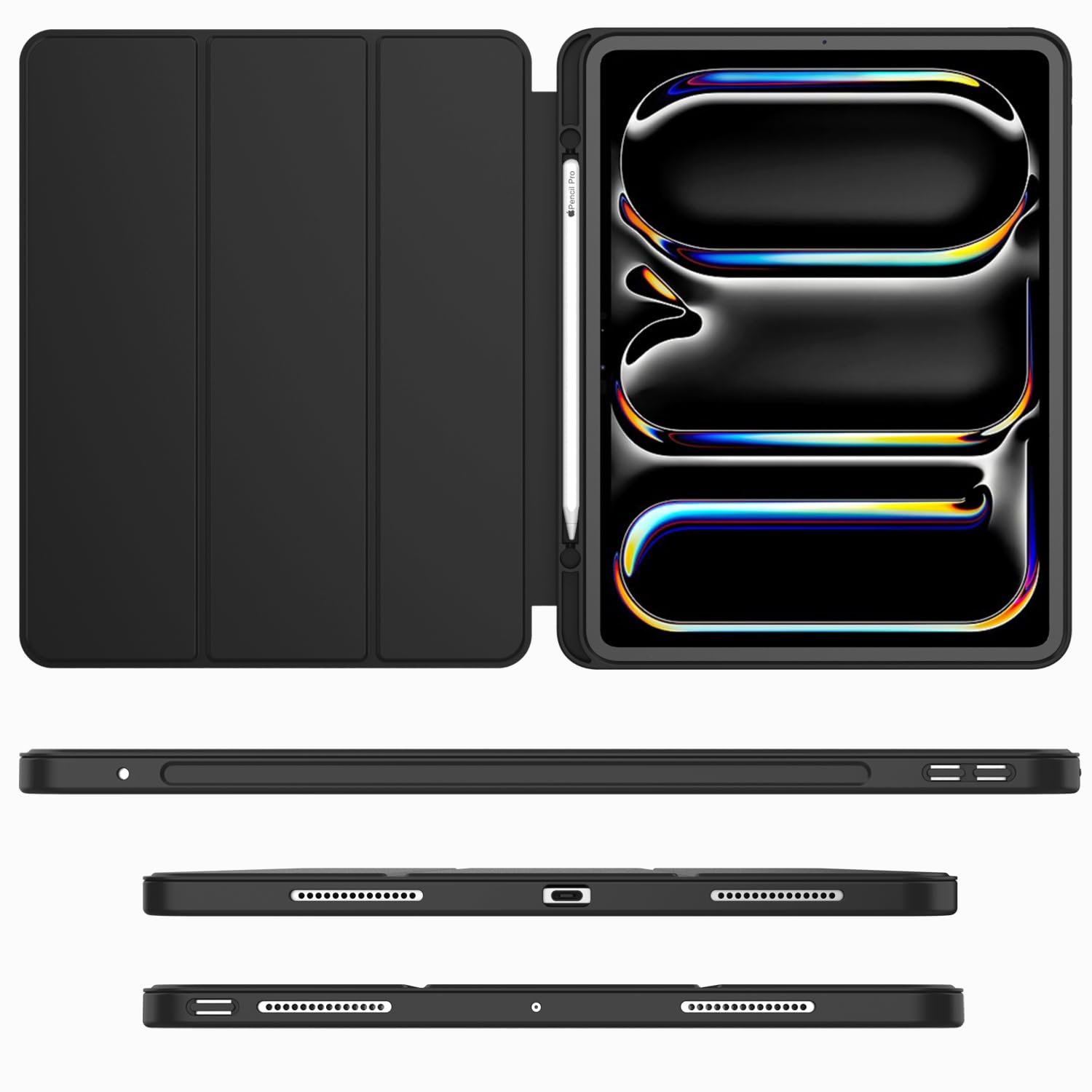 Imieet Ipad Pro 13 Inch Case M4 (2024) With Pencil Holder, [Support Pencil Pro And Pencil (Usb C)], Trifold Stand Smart Case With Soft Tpu Back, Auto Wake/Sleep (Black)