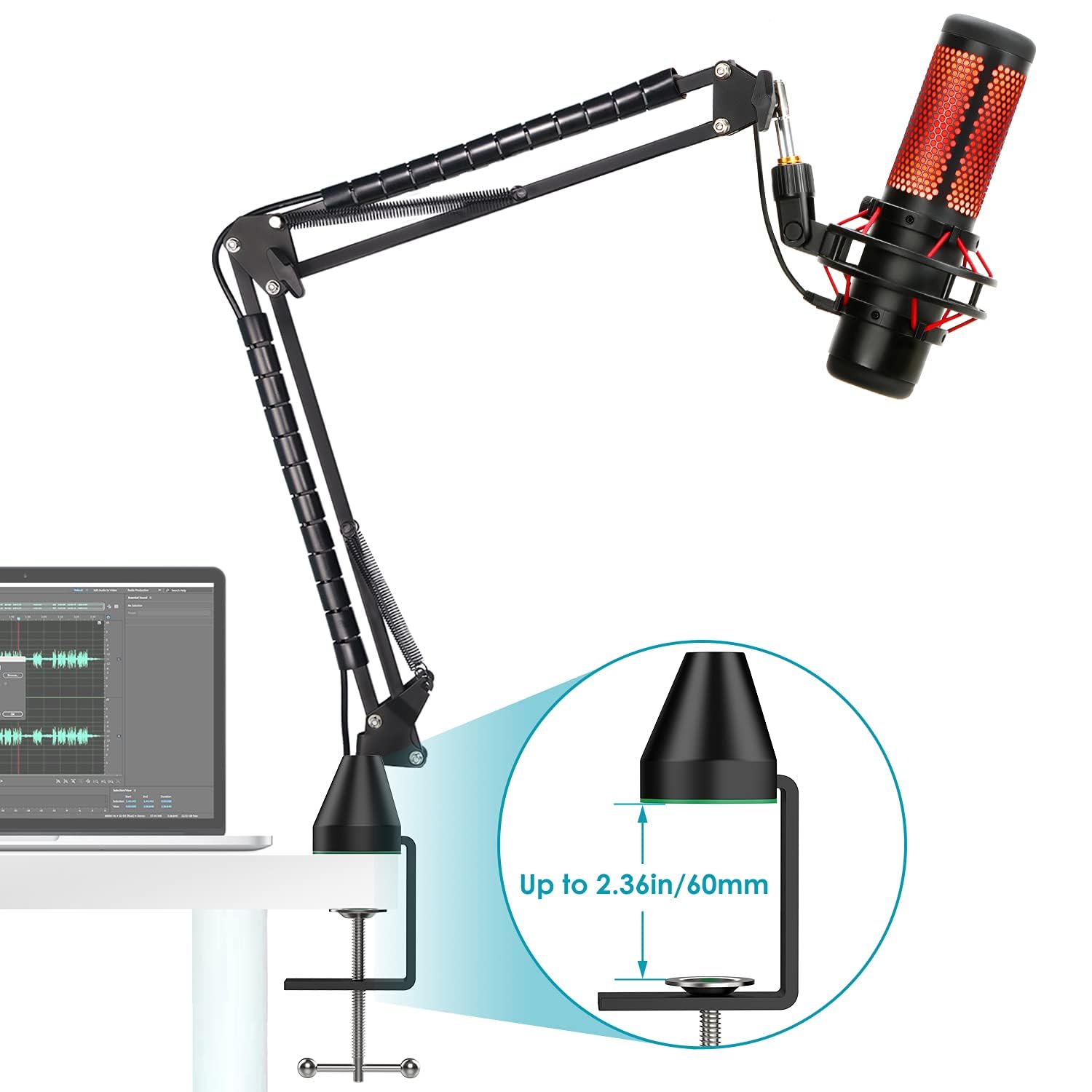 YOUSHARES Mic Boom Arm Compatible with HyperX Quadcast S Microphone   Upgraded Adjustable Scissor Mic Boom Arm Stand with Pyramid Base