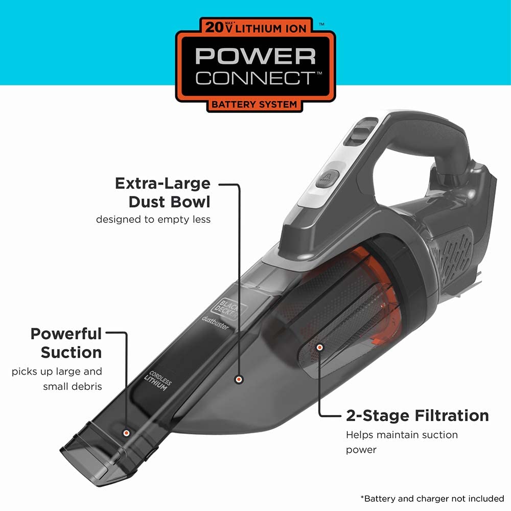 BLACK+DECKER 20V MAX POWERCONNECT Cordless Handheld Vacuum (BCHV001B) - Gray, Bare Tool Only, Battery Not Included