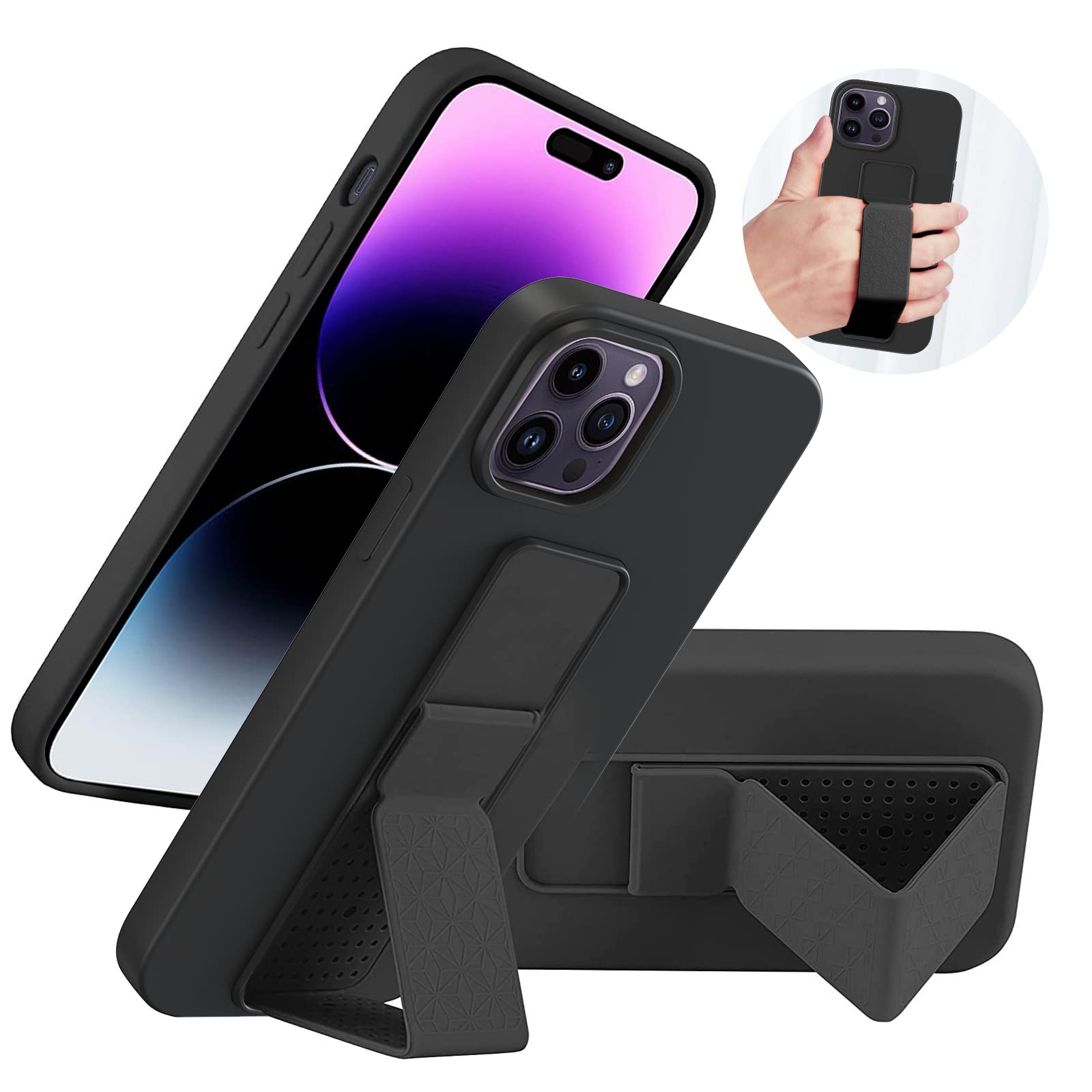 Laudtec Silicone Kickstand Case Compatible With Iphone 14 Pro Case Vertical And Horizontal Stand Hand Strap Metal Kickstand, Fle