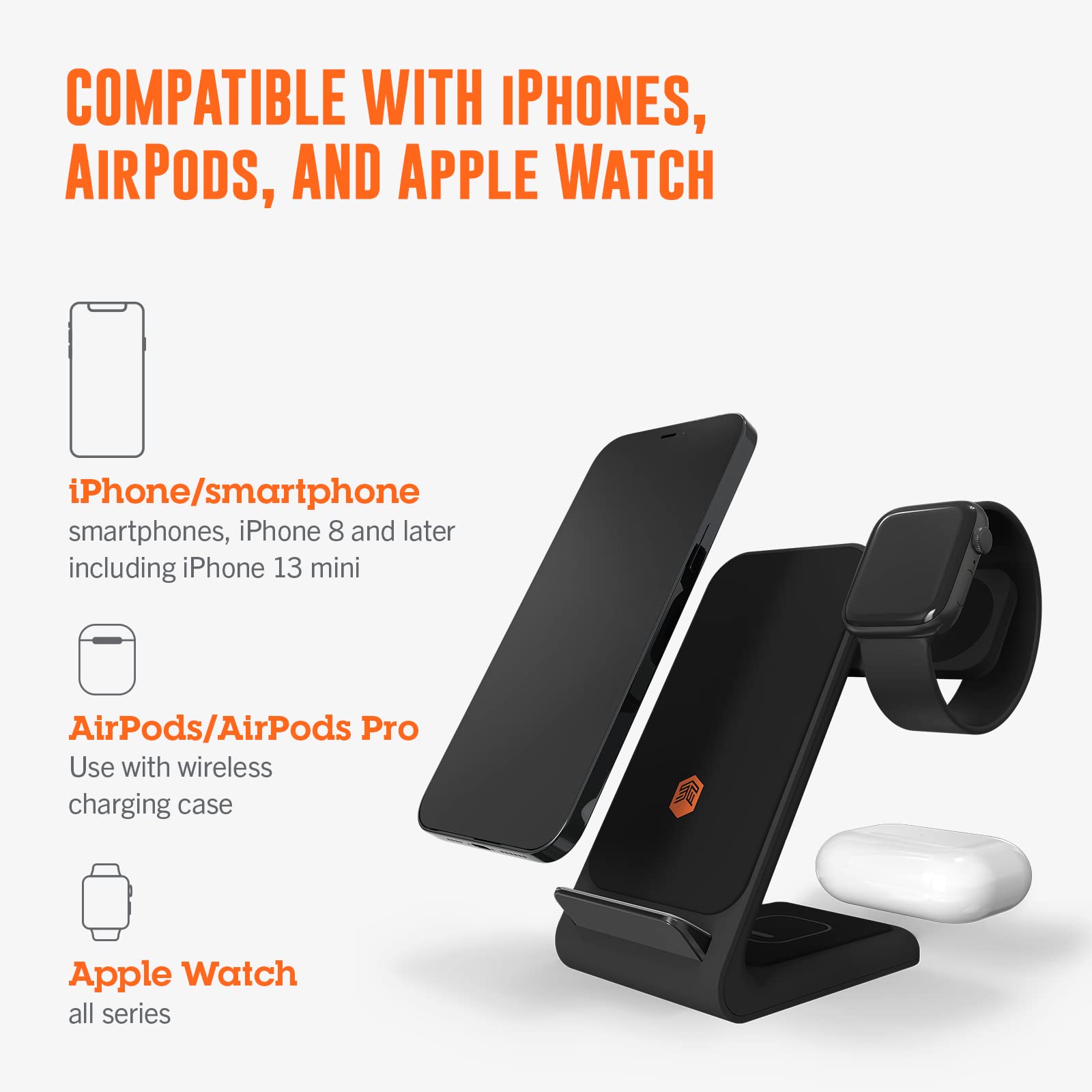 Stm Chargetree Swing 3-In-1 Wireless Charging Station For Iphone/Samsung/Android (15W/7.5W), Airpods (5W), Apple Watch (3W). Qi-