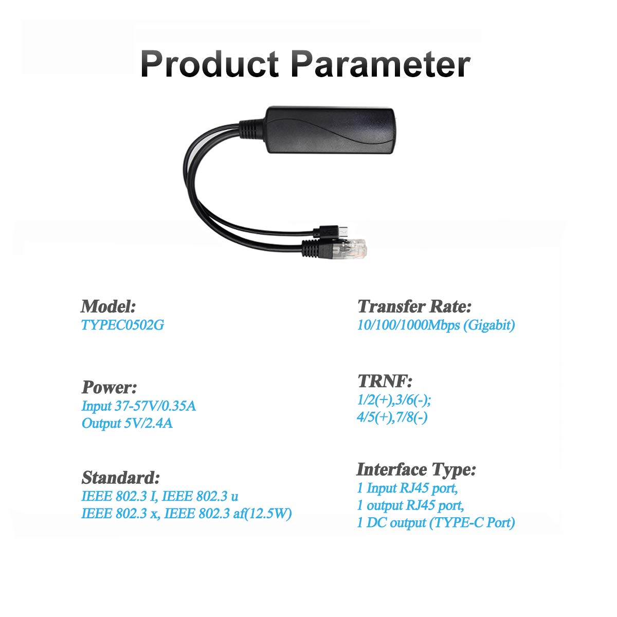 Revodata Gigabit Type C Poe Splitter 5V 2.4A, Ieee 802.3Af Standard, 10/100/1000Mbps Type C Power Over Ethernet Splitter For 5V