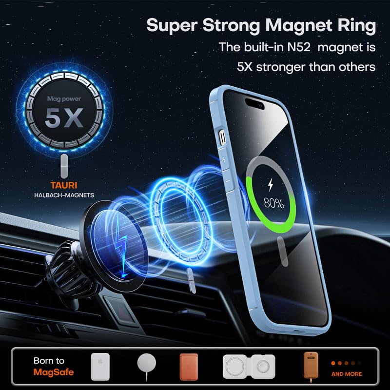 Tauri 5 In 1 Magnetic For Iphone 15 Case Blue, [Compatible With Magsafe] [Not Yellowing] With 2X Screen Protector +2X Camera Len