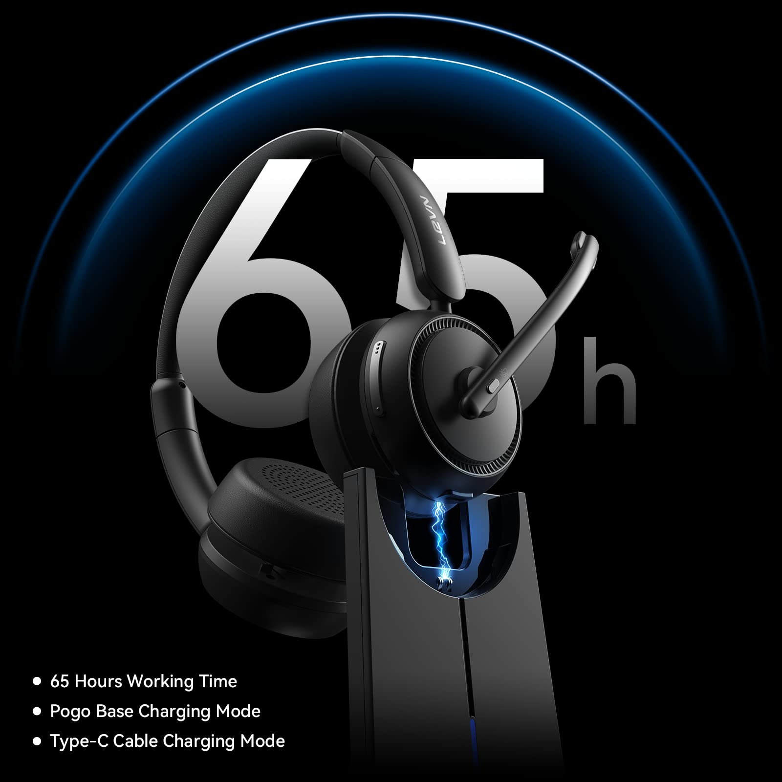 Levn Wireless Headset With Mic For Work, Bluetooth Headset With Microphone (Noise Cancelling), 65 Hrs Working Time 2.4G Wireless Headphones With Mic For Work/Call Center/Pc/Computer/Laptop/Teams/Zoom