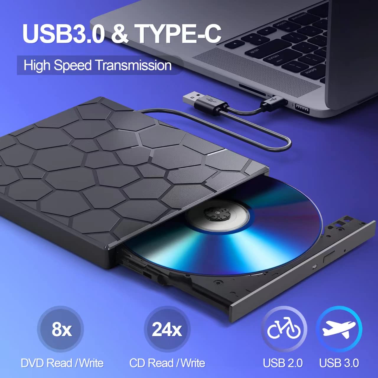 External Cd/Dvd Drive For Laptop, Dvd Player For Laptop, 8 In 1 Usb 3.0 Ultra Slim Portable, Cd Burner External Disk Drive Optic