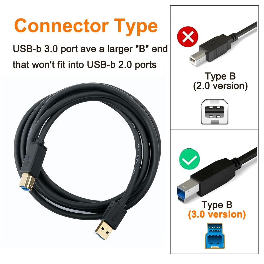 Dtech 6 Ft Printer Cable Usb To Usb B Cord Type A 3.0 Square End Male To Male Kvm Data Wire For Laptop Computer (6 Feet, Black)