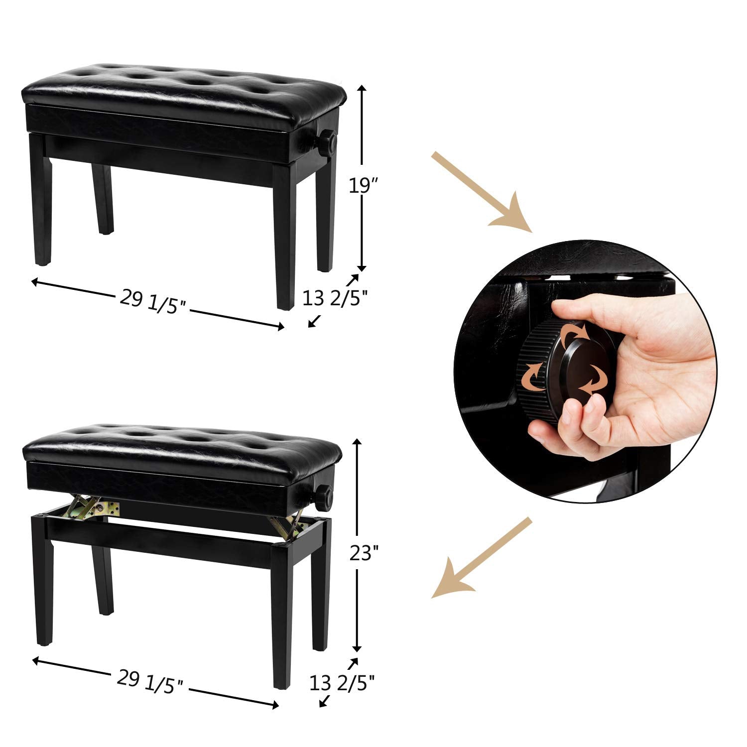Bonnlo Adjustable Duet Piano Bench With Storage Black Faux Leather Piano Stool Deluxe Padded Seat With 2 Thick Cushion