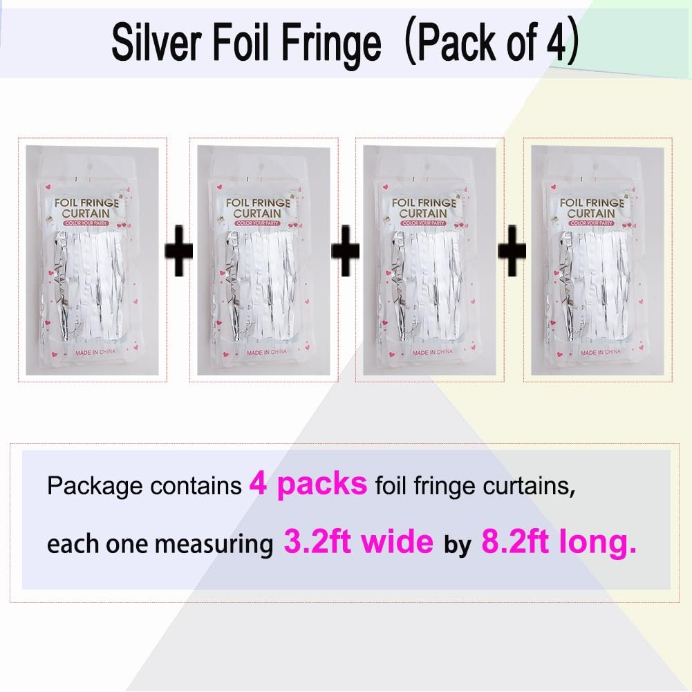 Eufars 4 Pack Silver Fringe Backdrop Curtain   Silver Streamers For Birthday Party Backdrop, Silver Backdrop For Graduation Deco
