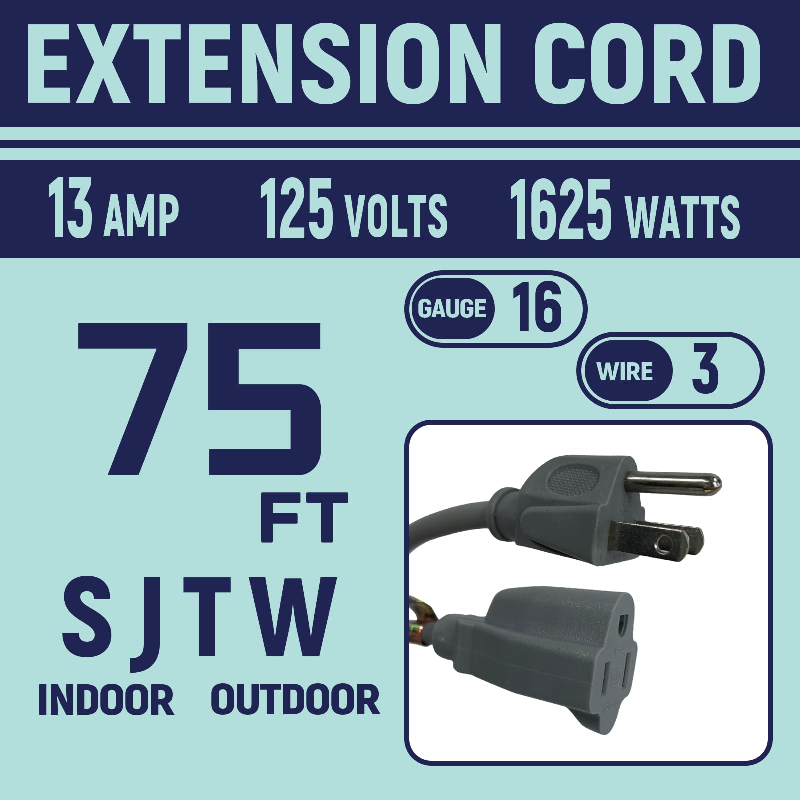 Greenprosper 75 Ft Indoor Outdoor Grey Extension Cord, 16 Gauge Waterproof Electrical Power Cable, 16/3 Sjtw 3 Prong Grounded Pl