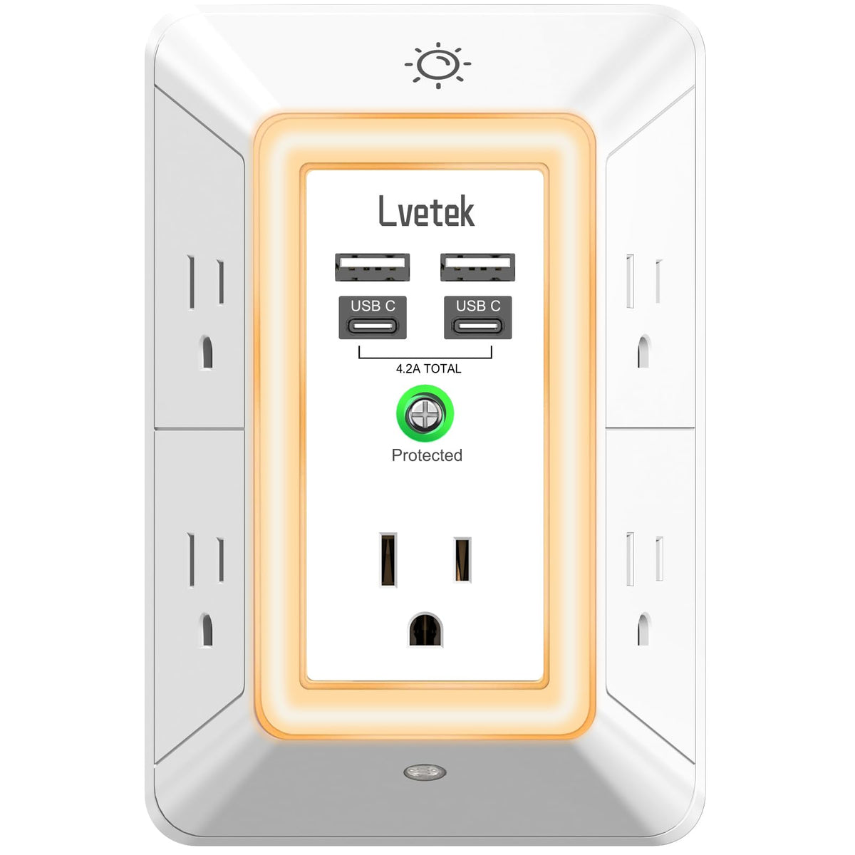 Multi Plug Outlet Surge Protector   Lvetek 3 Sided Power Strip With 5 Outlet Extender And 4 Usb Ports(2 Usb C) And Night Light,