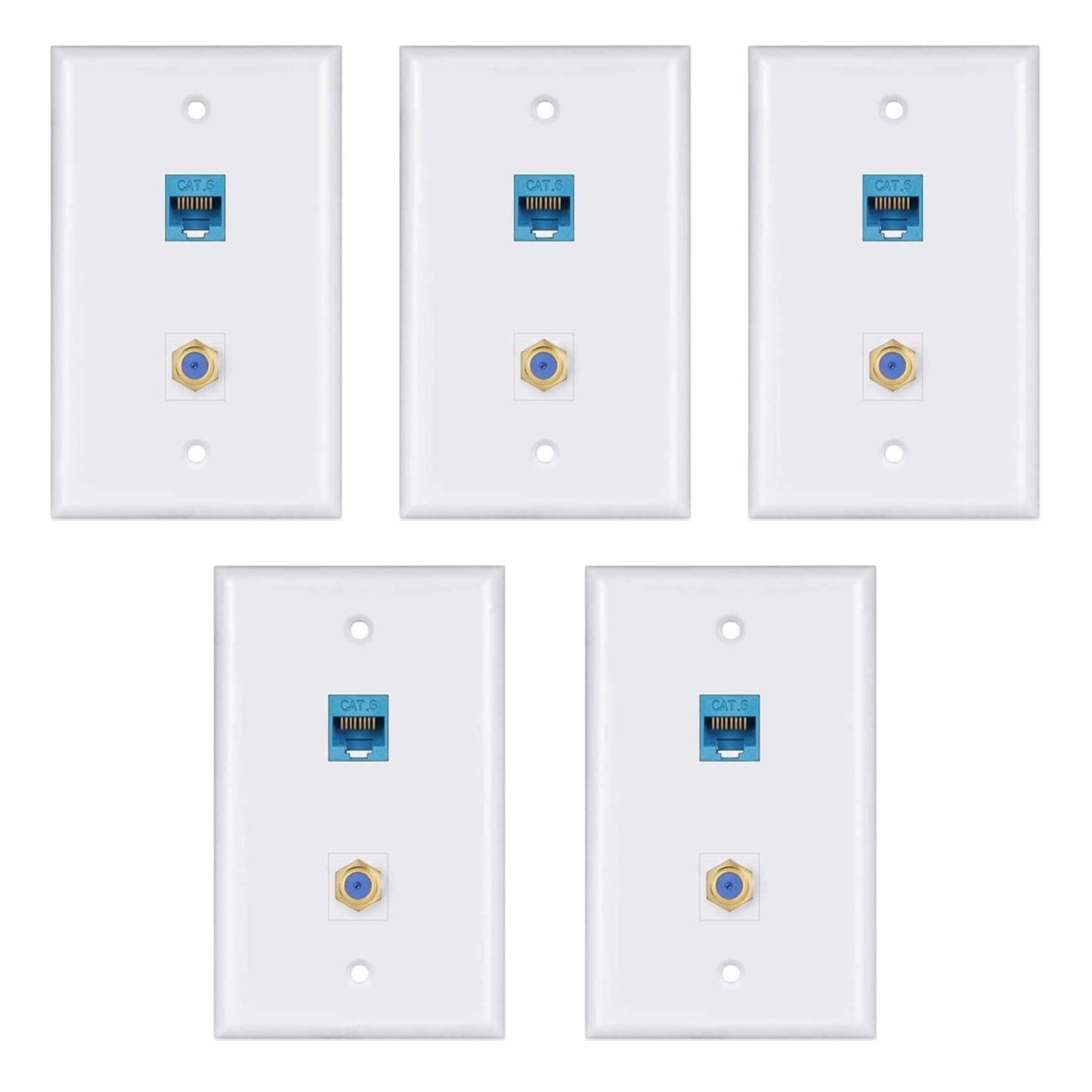 Ethernet Wall Plate,Cat6 Gold Plated Cable Tv Coax F Type Port Wallplate White (5Pack)