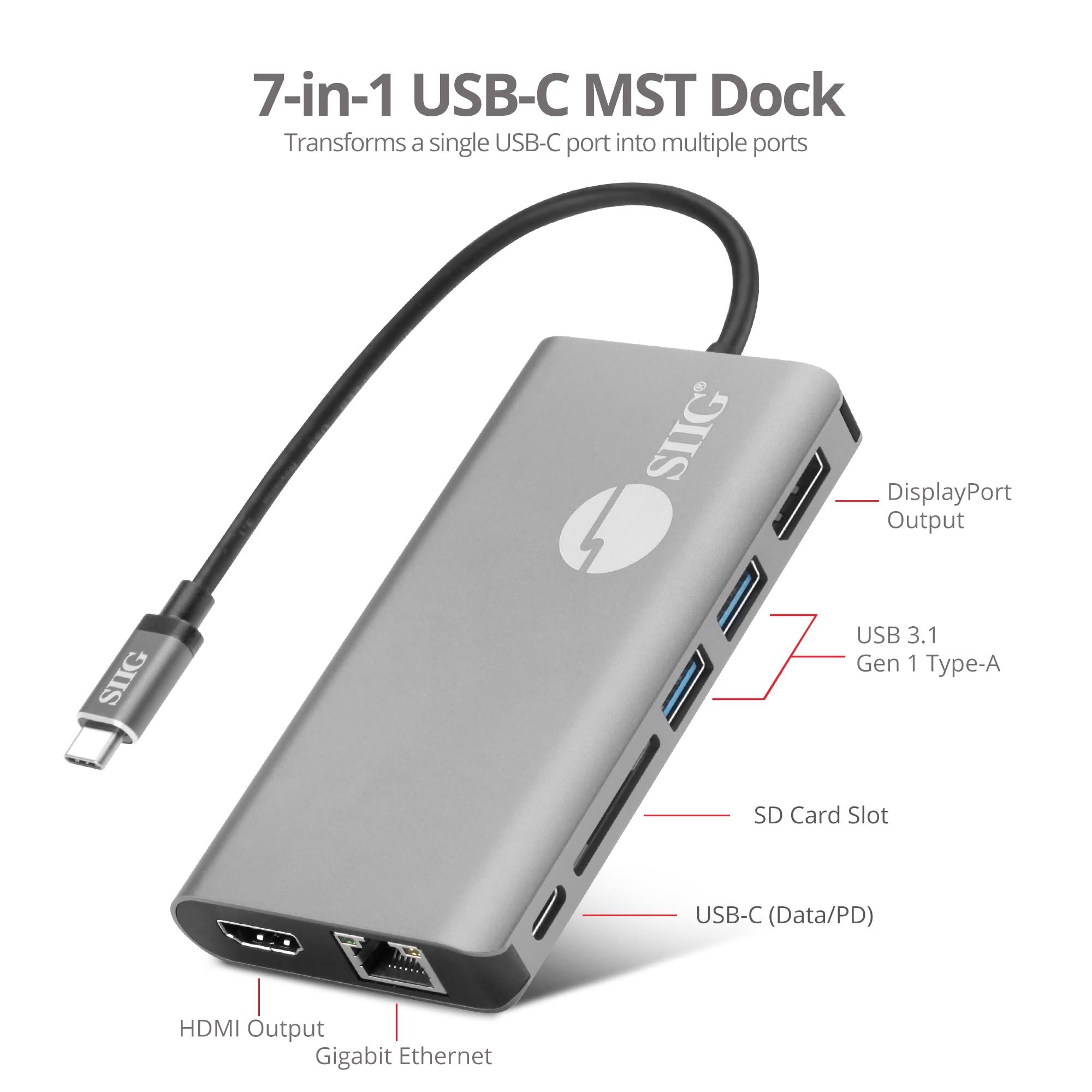 Siig Usb C Mst Dual Display Docking Station Video Adapter For Windows, Not For Macos [Single 4K, Dual 1080P], 100W Pd, 2 Usb 3.0
