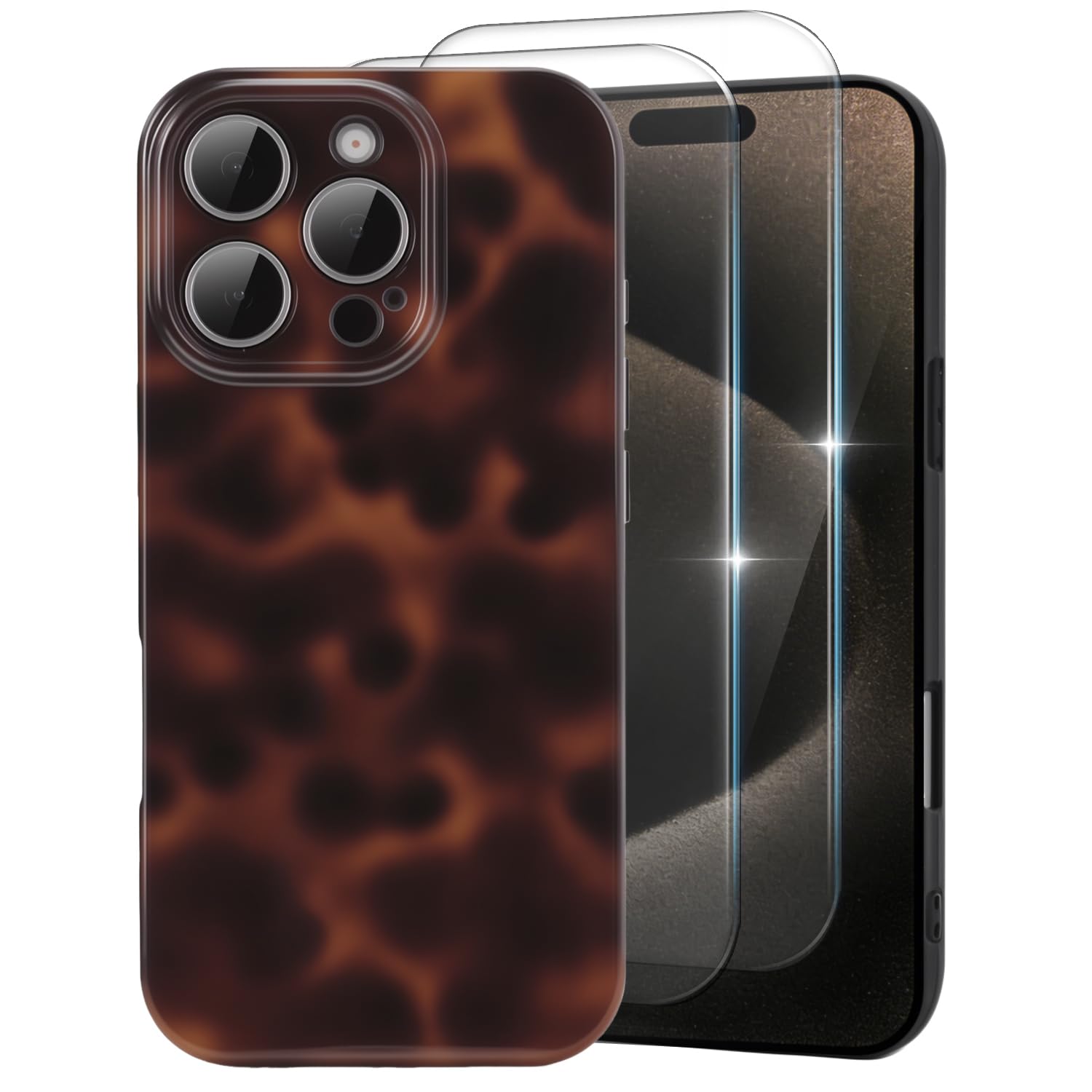 MYY Cute Phone Case for iPhone 15 Pro Case, [with 2X Screen Protector] Tortoise Shell Pattern Leopard Full Camera Protective Sli