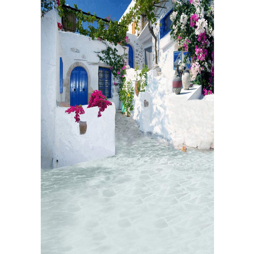 Laeacco 6.5X10Ft Greece Backdrop Aegean Sea Greek Architecture Natural Landscape Photography Background White Stone House Flower