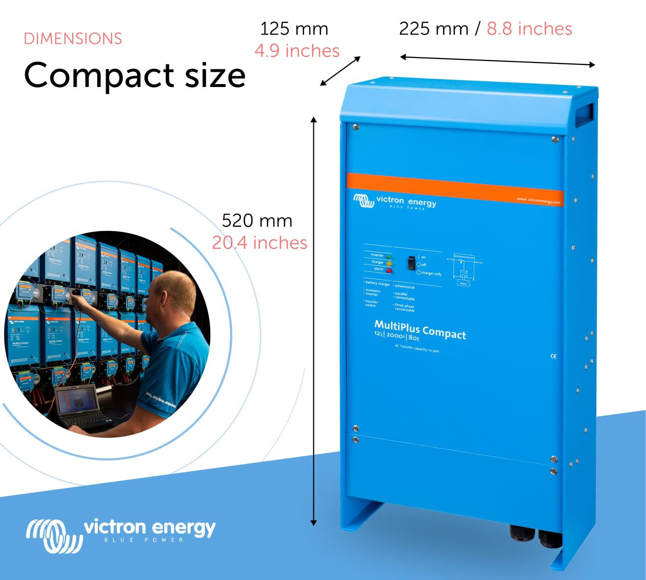 Victron Energy Multiplus Compact Pure Sine Wave Inverter Charger For 80 Amp Battery, 2000Va 12-Volt
