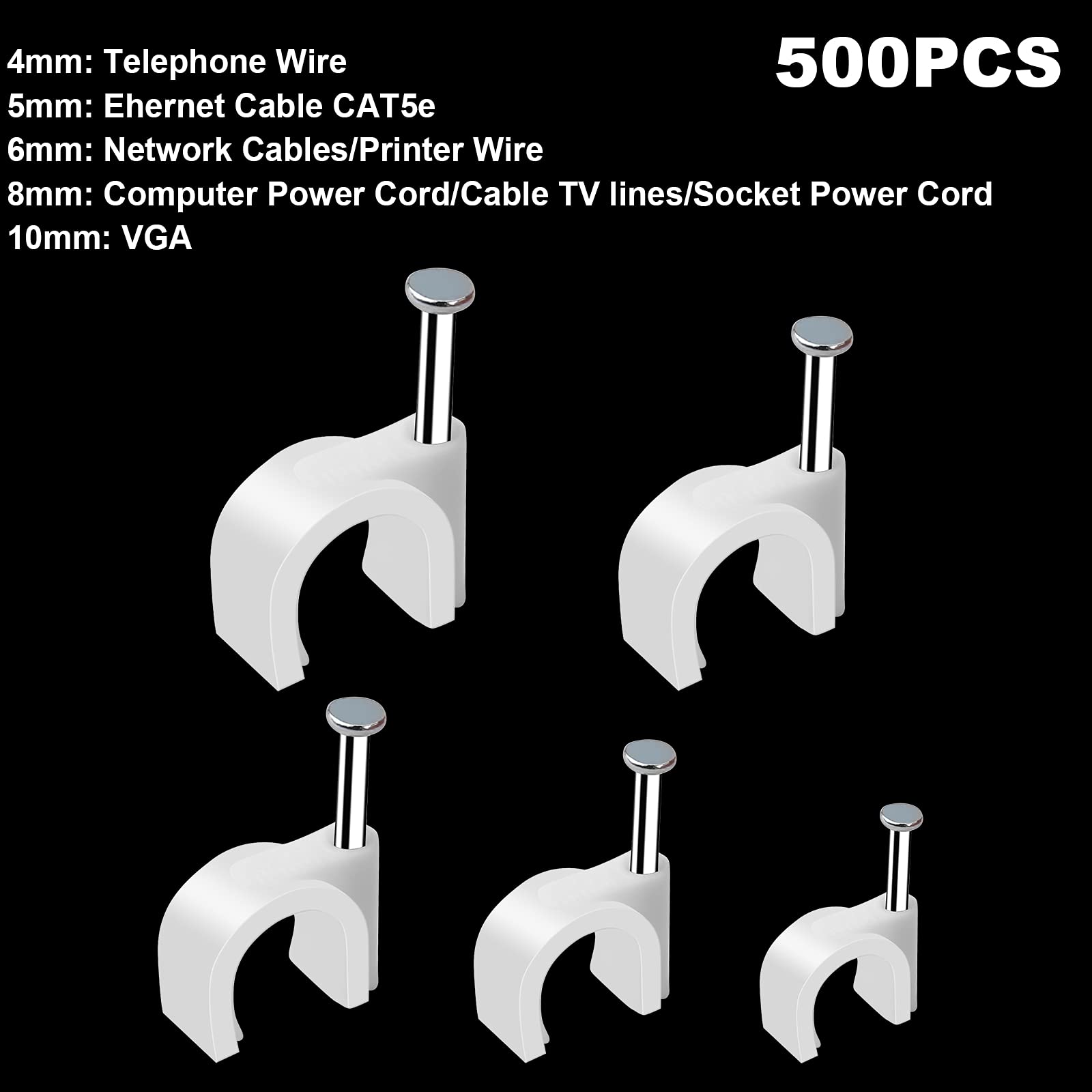 500Pcs Cable Clips With Steel Nail In Cable Clips White 4Mm 5Mm 6Mm 8Mm 10Mm For Rg6, Rg59, Cat6, Rj45 Cable Coax Cable, Etherne