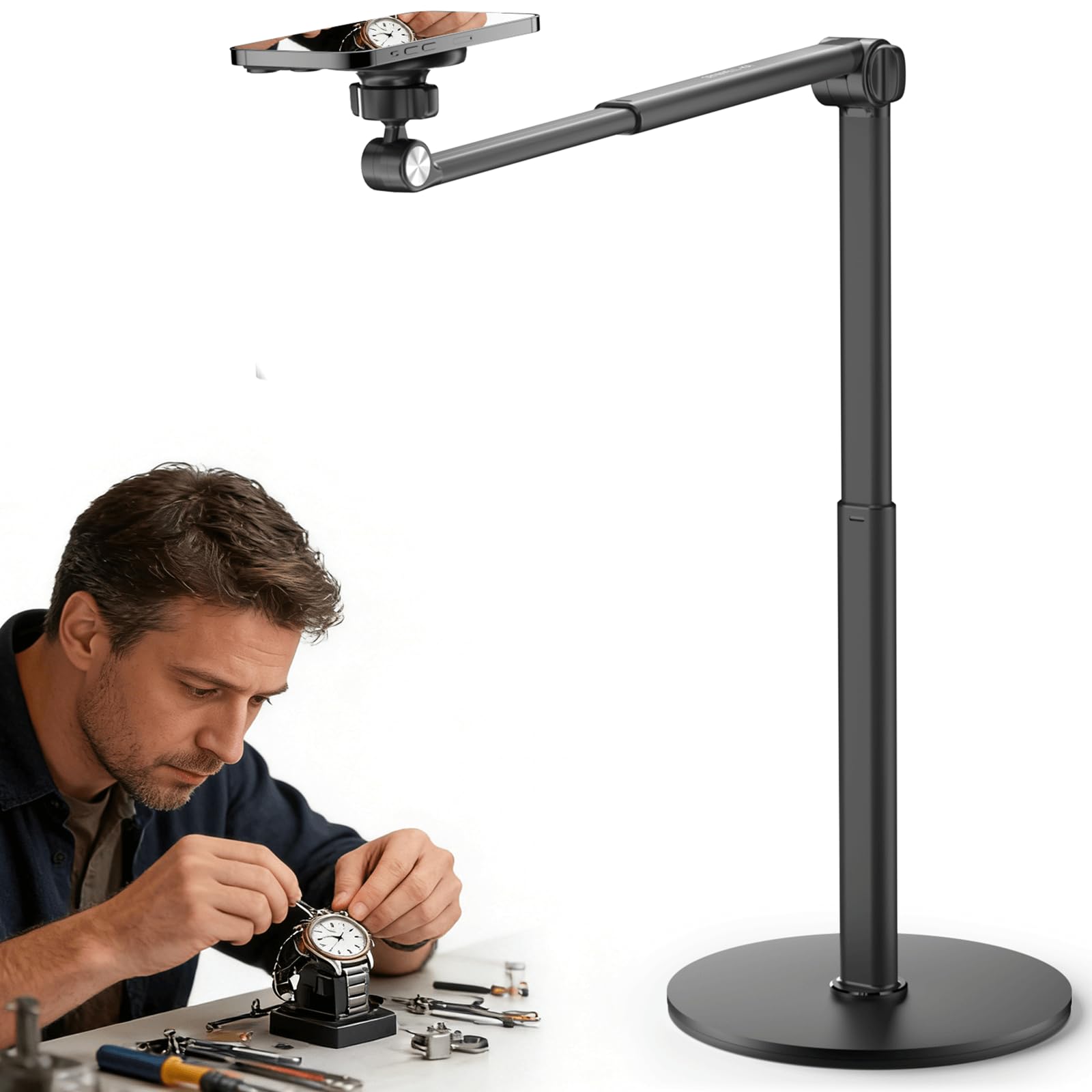 Overhead Phone Stand for Desk, Heavy Duty Aluminum Overhead Phone Tripod with Flexible Long Arm, 360 Rotating Phone Holder for F