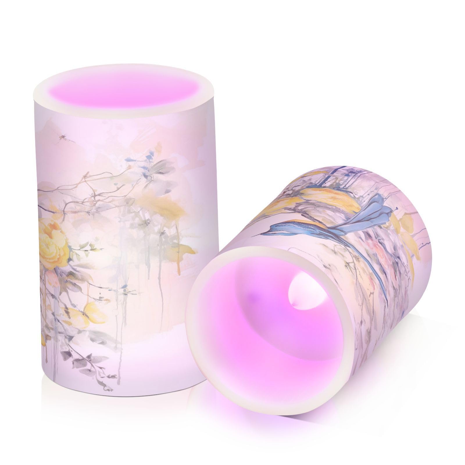 Spring Blue Bird With Yellow Flowers Butterflies Flickering Flameless Candles Set - Thumbnail 2
