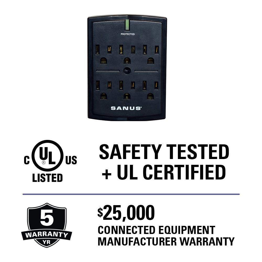 Sanus On Wall Low Profile 1080J Fireproof Surge Protector With 6 Ac Outlets & 3 Lines Of Protection   Includes Power Signal Filt