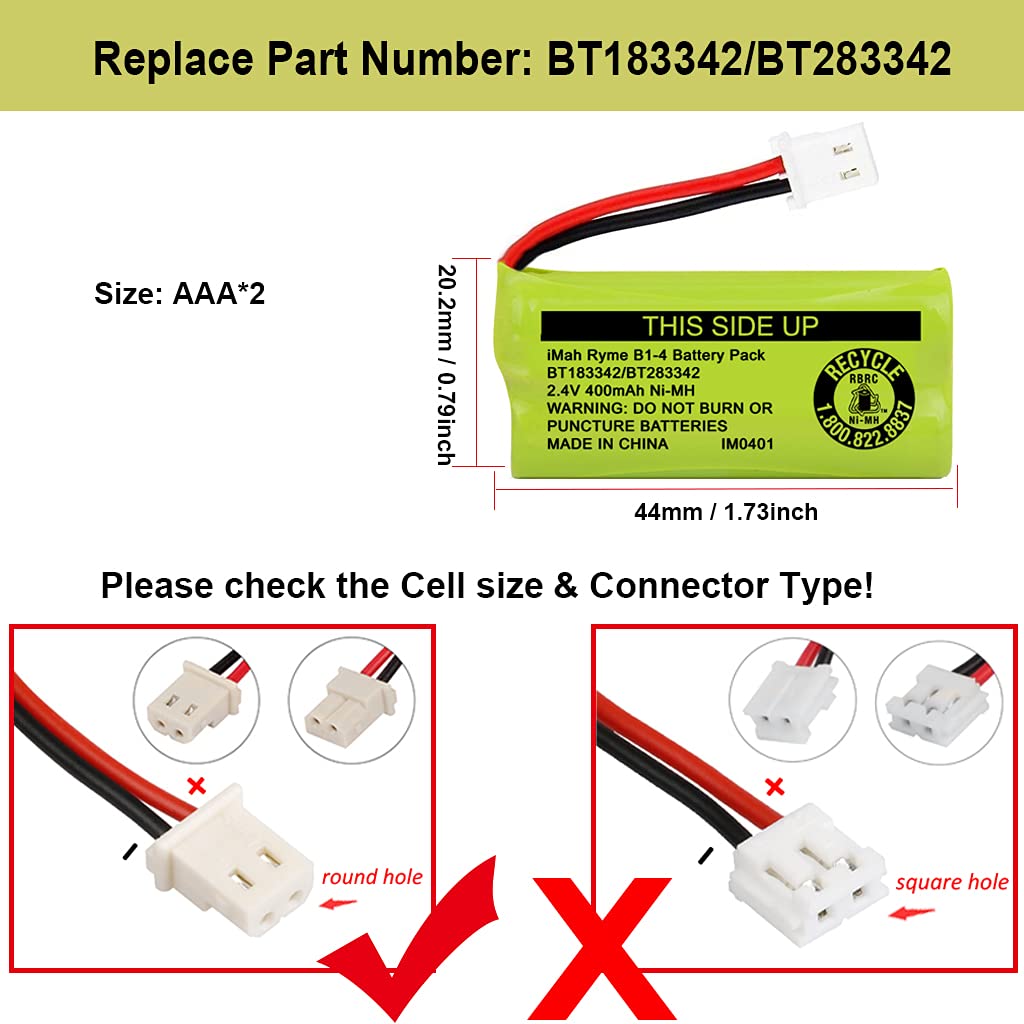 Imah Bt183342/Bt283342 2.4V 400Mah Ni Mh Battery Pack Compatible For Bt166342/Bt266342 Bt162342/Bt262342 2Sn Aaa40H S X2, Pack O