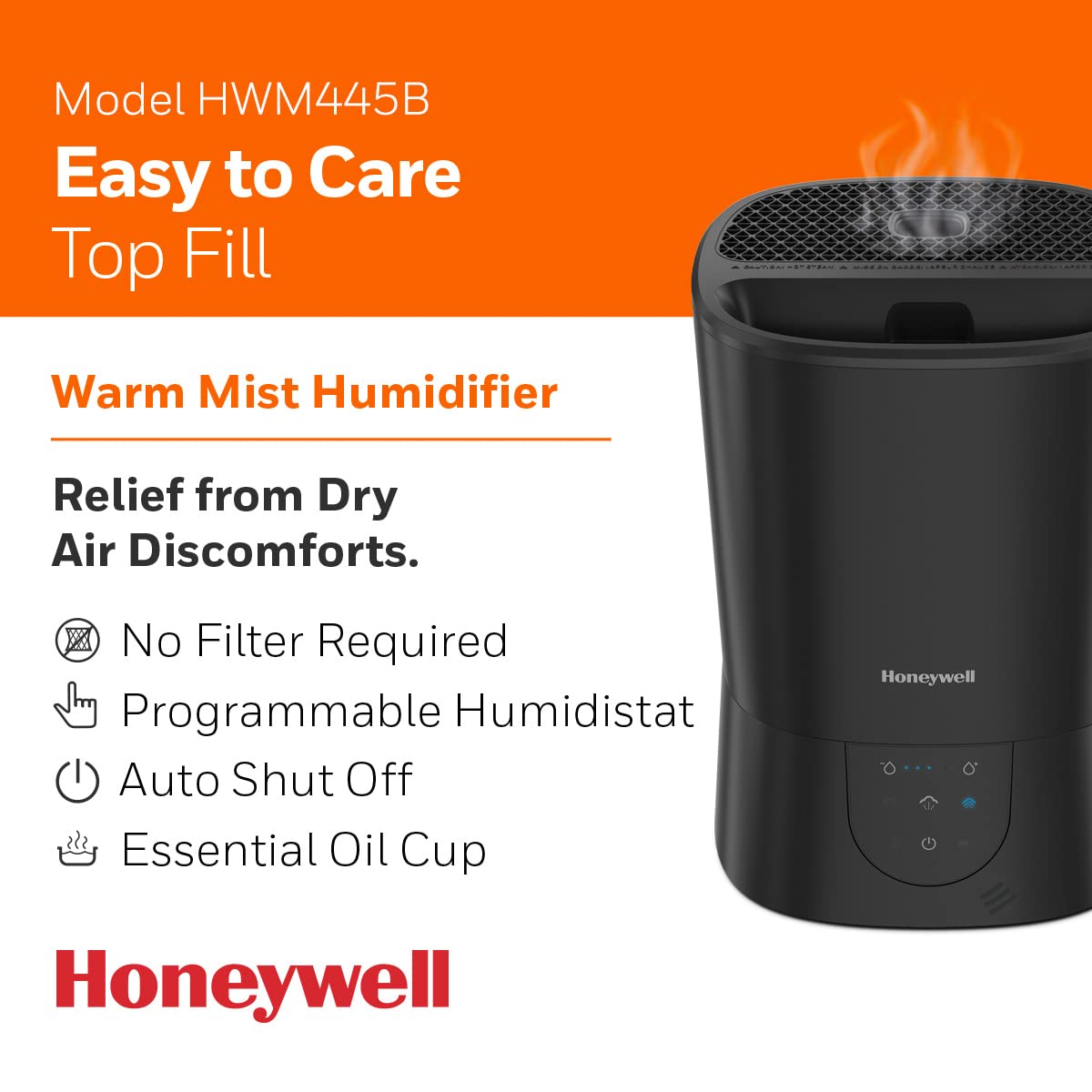Honeywell Easy To Care Filter Free Warm Mist Humidifier, Medium Rooms, 1.5 Gallon Tank   Humidistat For Bedroom, Home Or Office